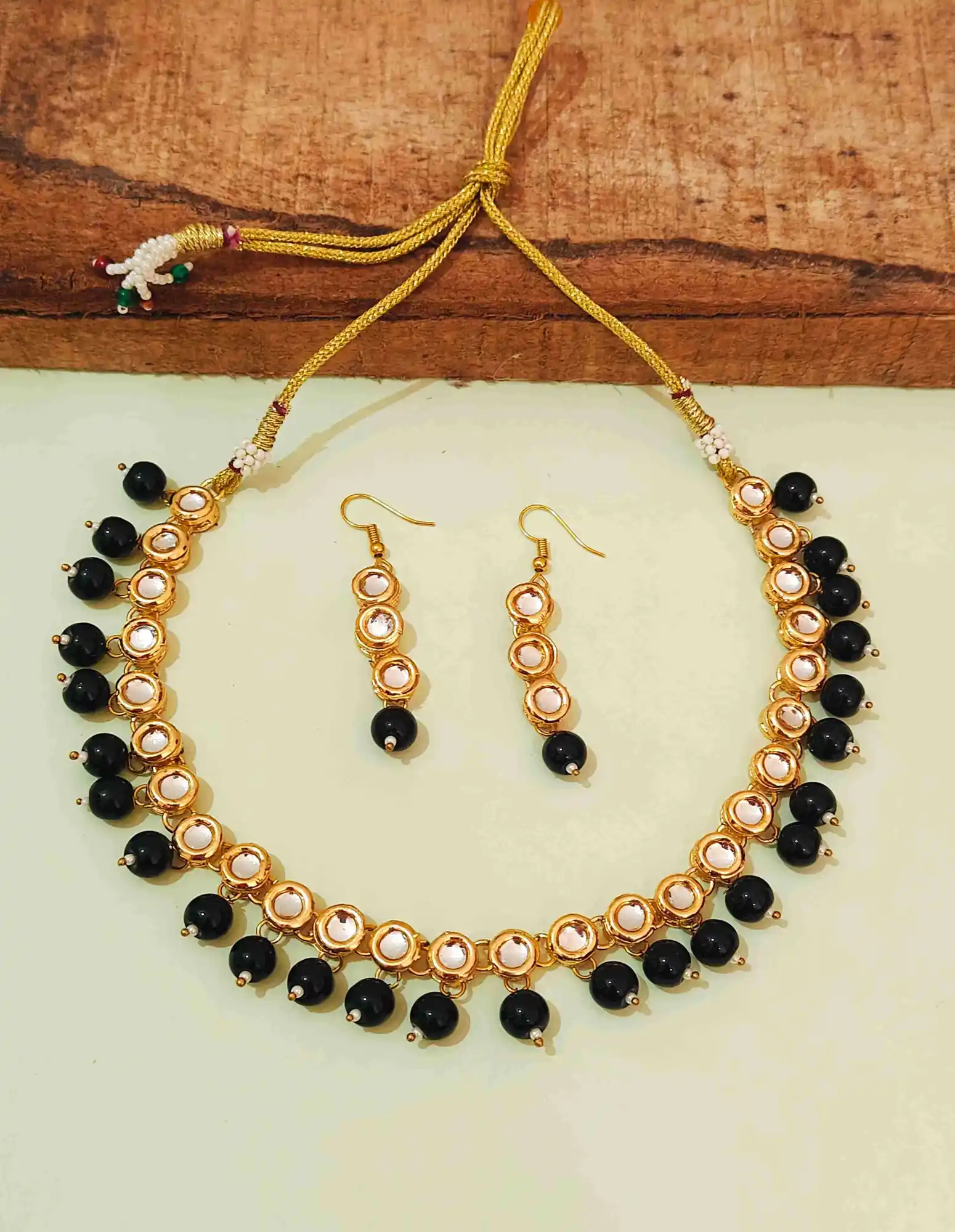 Gold Plated Black Stone Kundan Meenakari Necklace Set