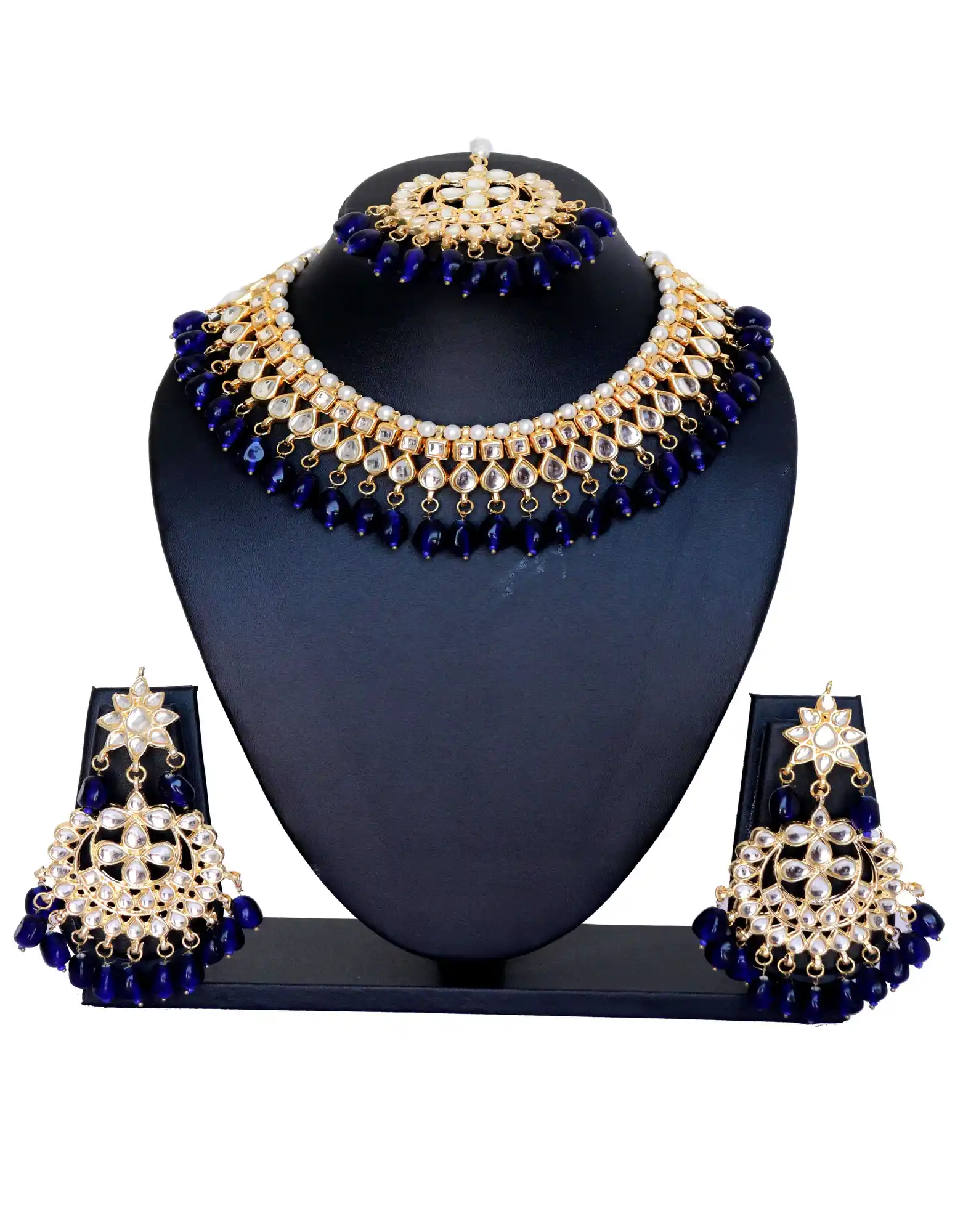 Kundan Choker Necklace Set with Dark Blue Pearls