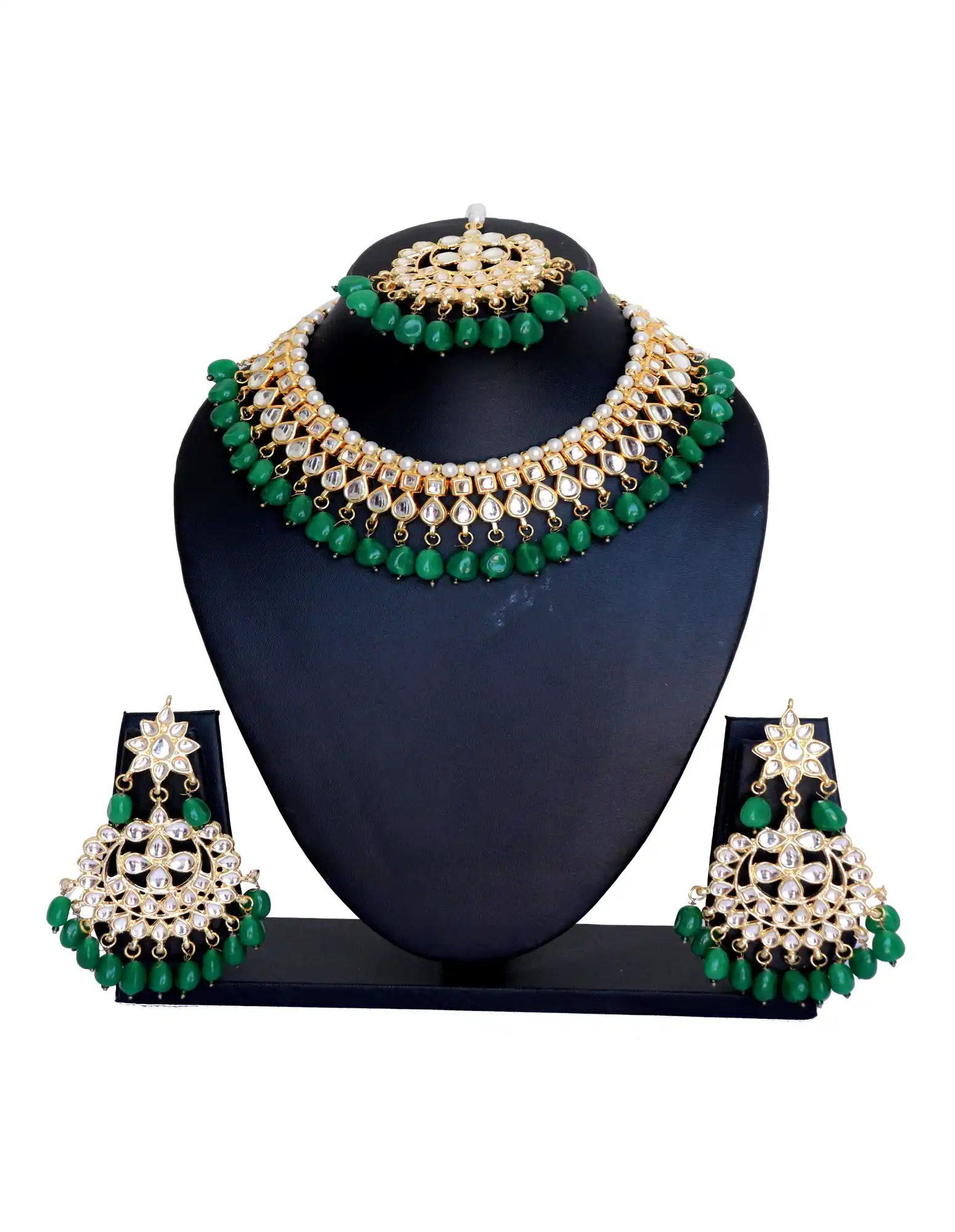 Kundan Choker Necklace Set with Green Pearls