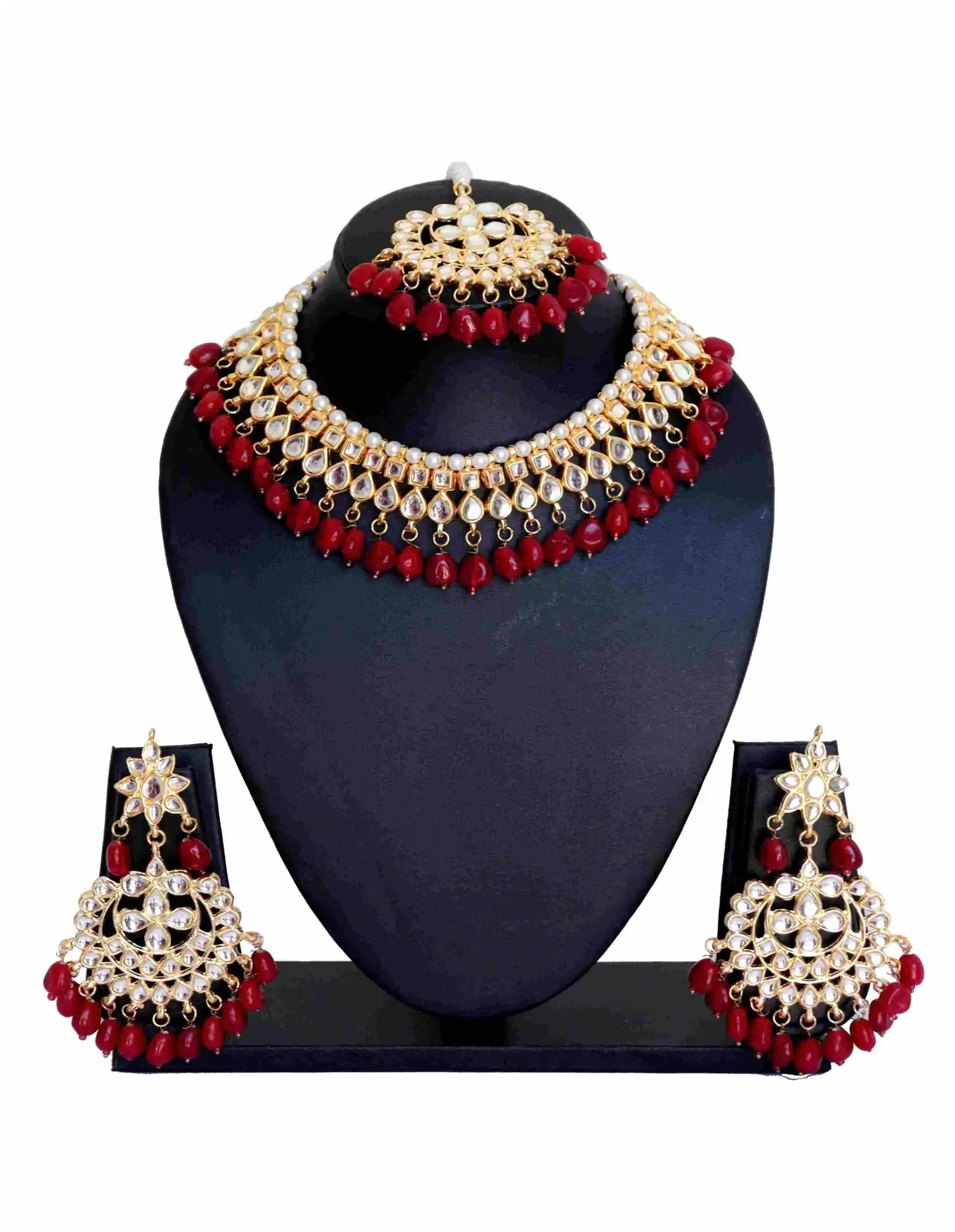 Choker Necklace Set with Red Pearls