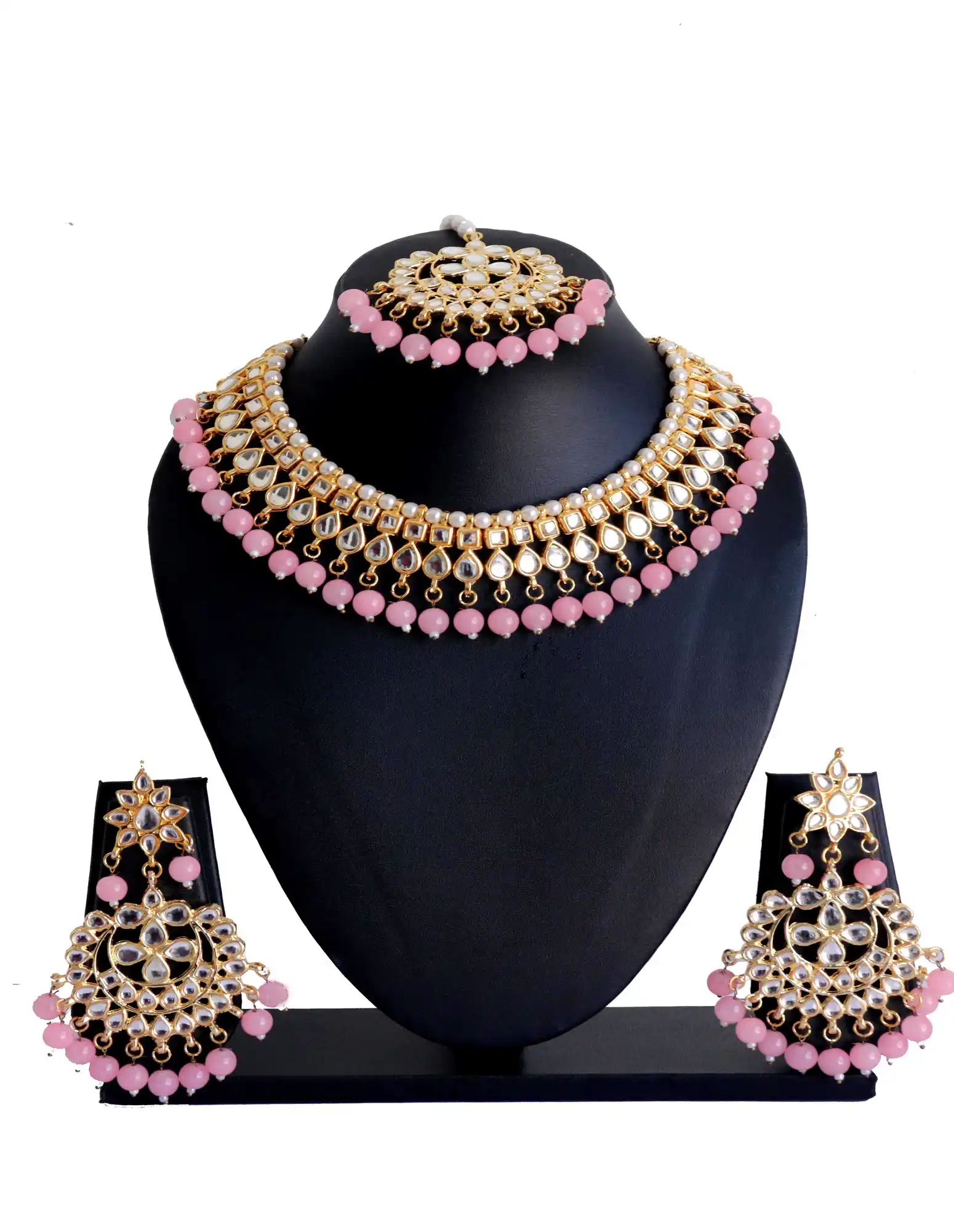 Kundan Necklace Set with Light Pink Beads
