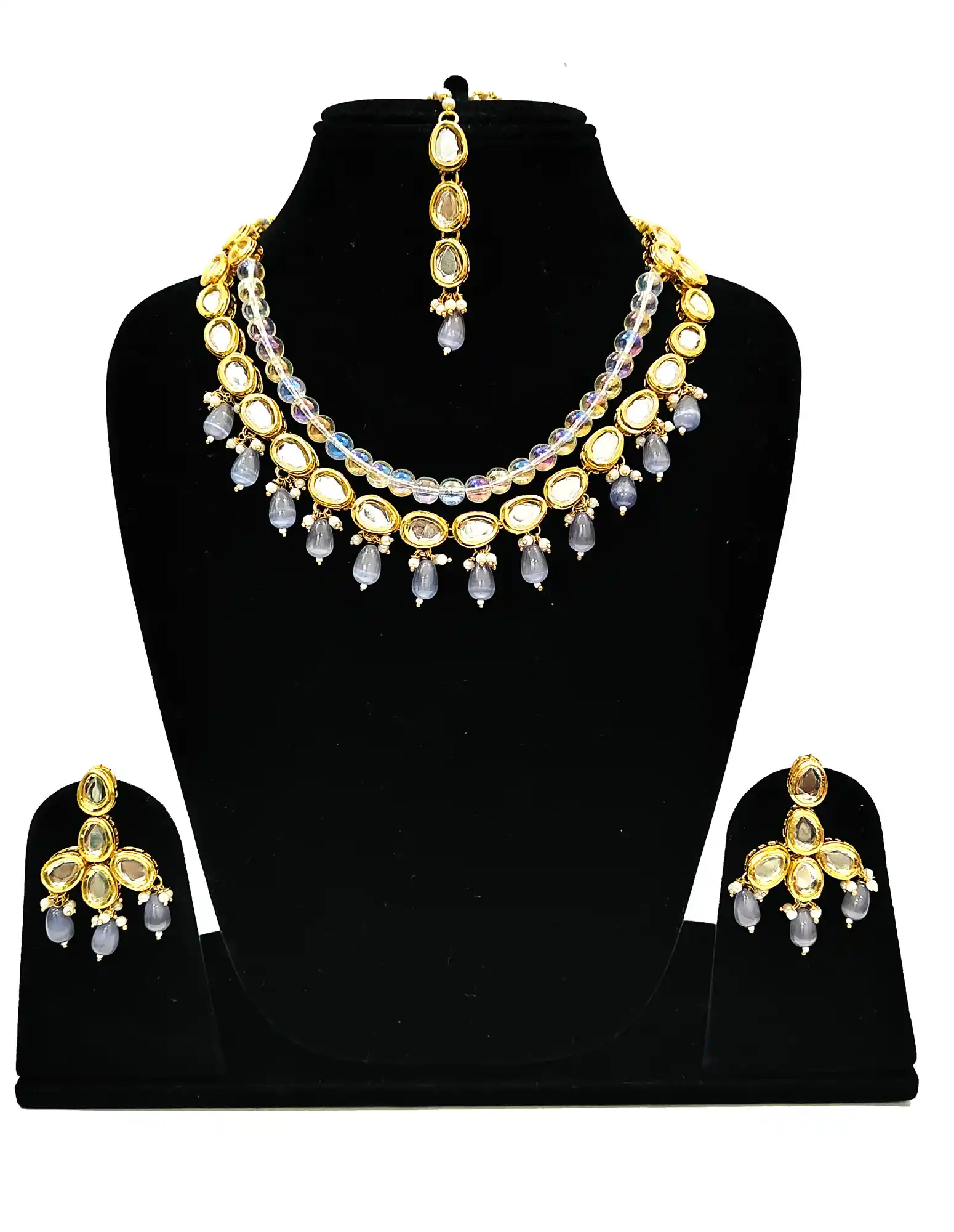 Dark Grey Pearl Kundan Set