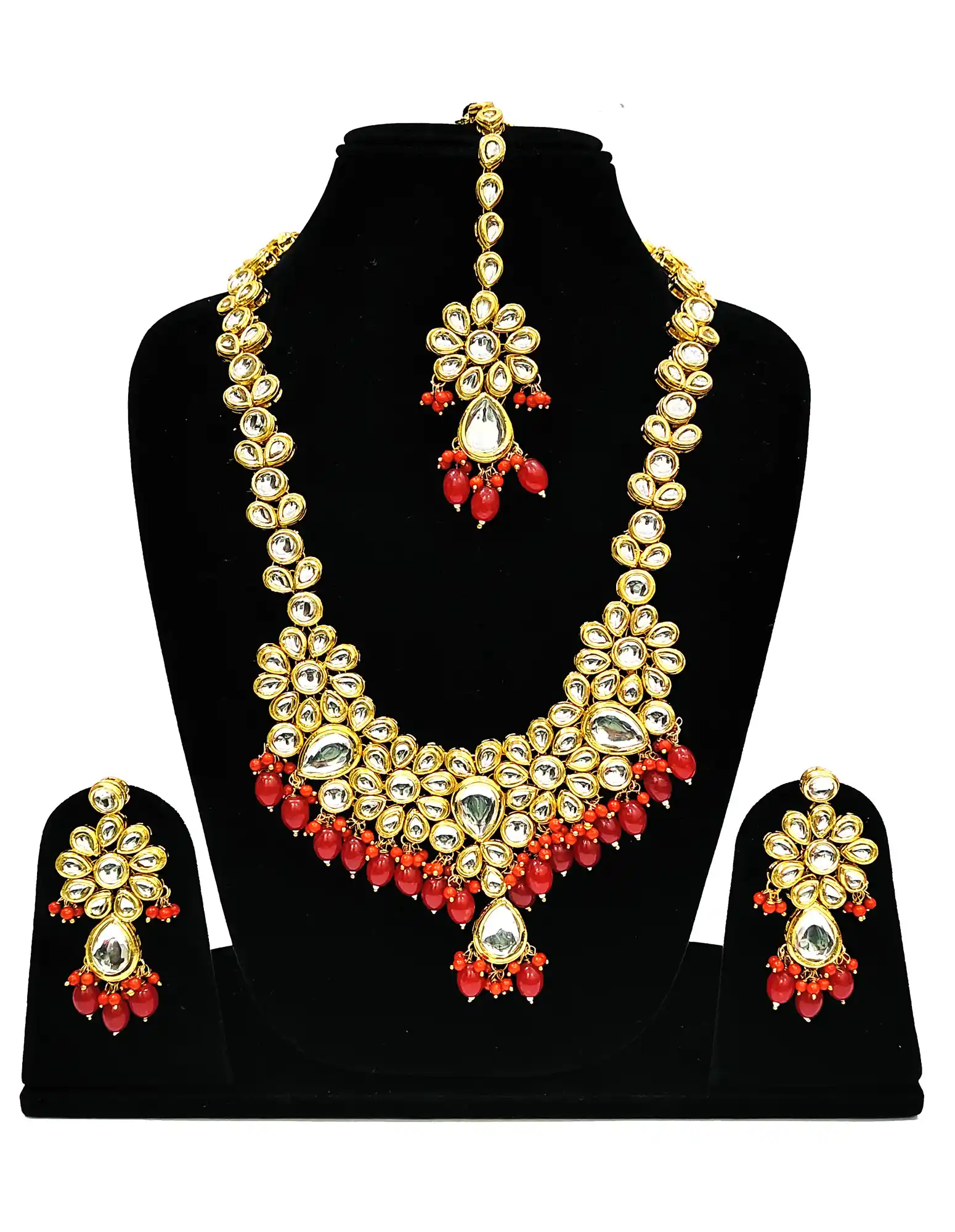 Kundan Long Necklace set with Red Beads