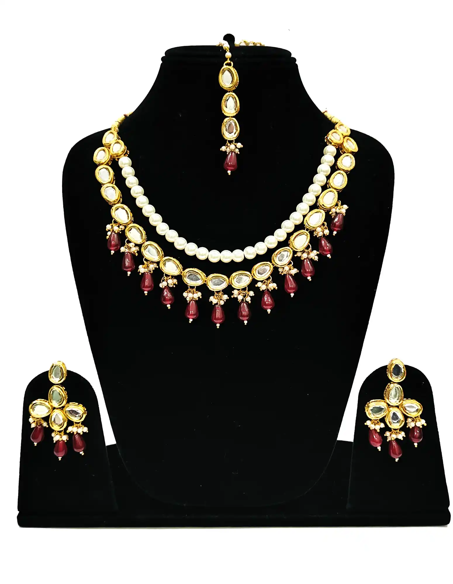 Maroon Pearl Kundan Set