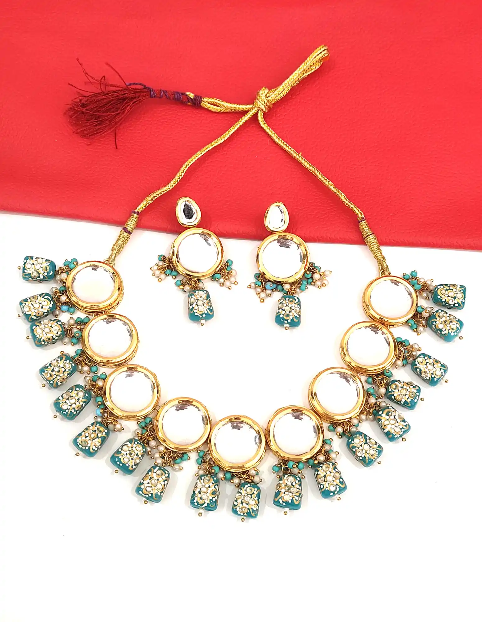 Blue Studded Beaded Kundan Necklace Set with Earrings