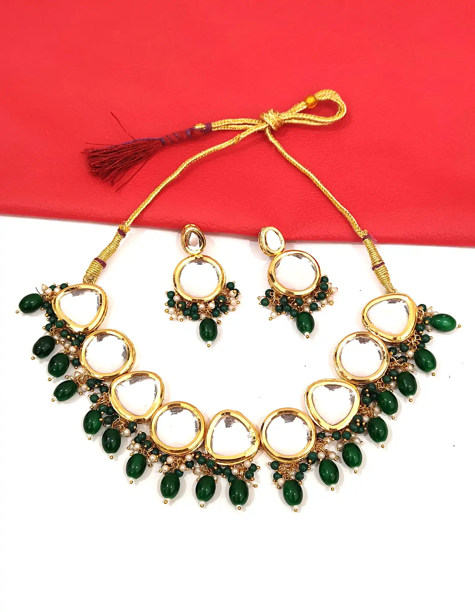 Meenakari Kundan Green Necklace and Earring Set