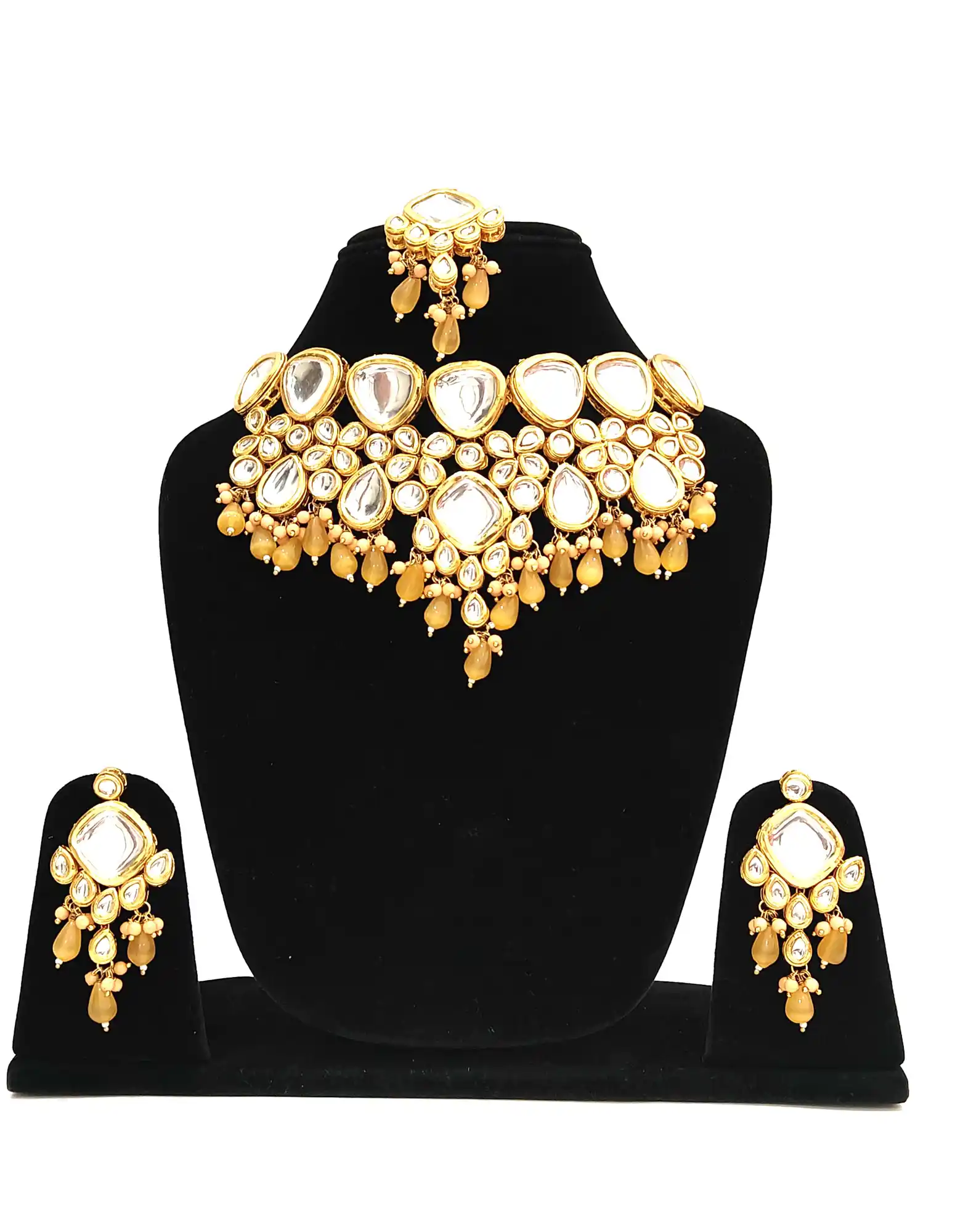 Indian Yellow Choker Necklace Set with Earring and Maang Tikka