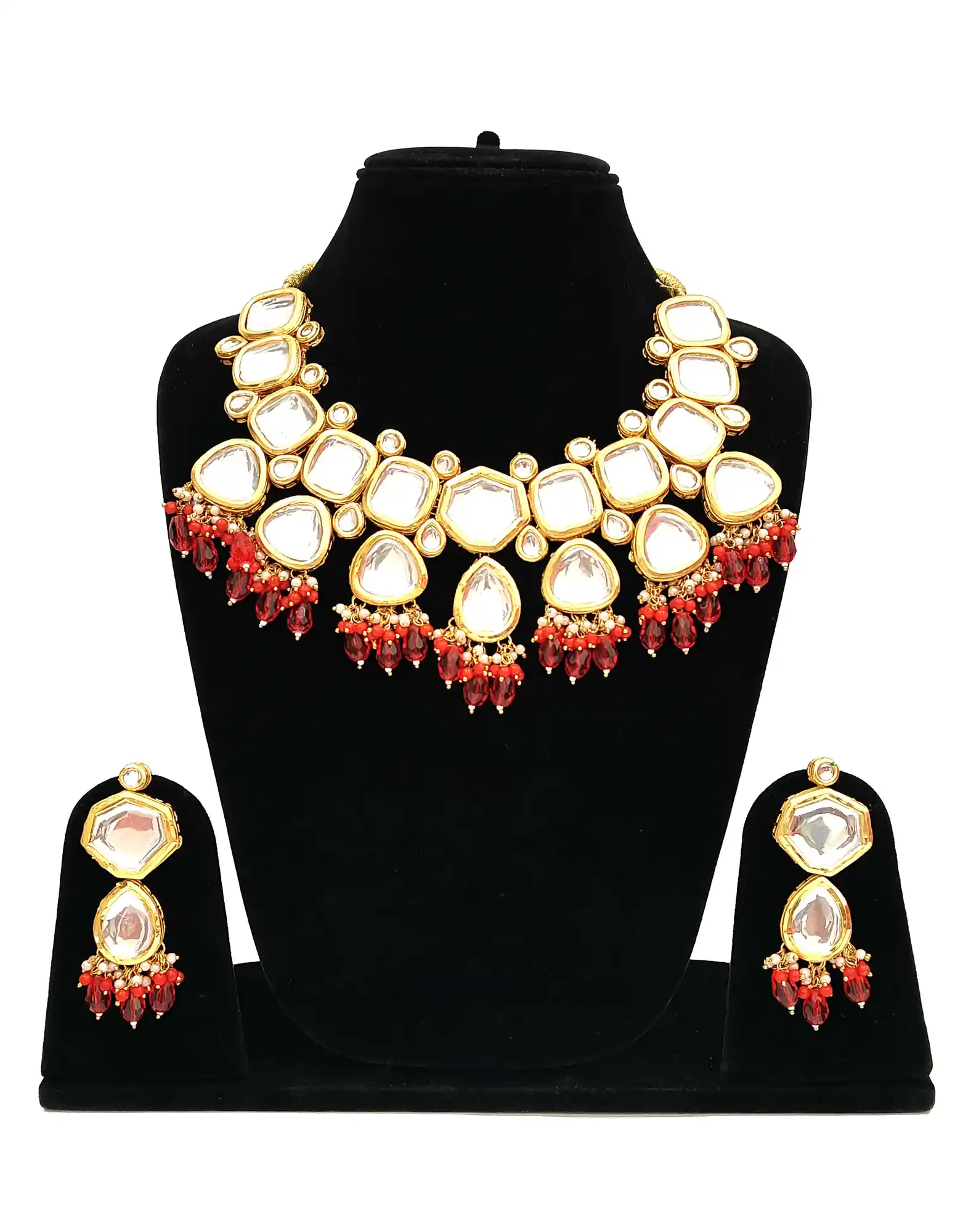 Meenakari Kundan Necklace and Earring Set With Red Stone