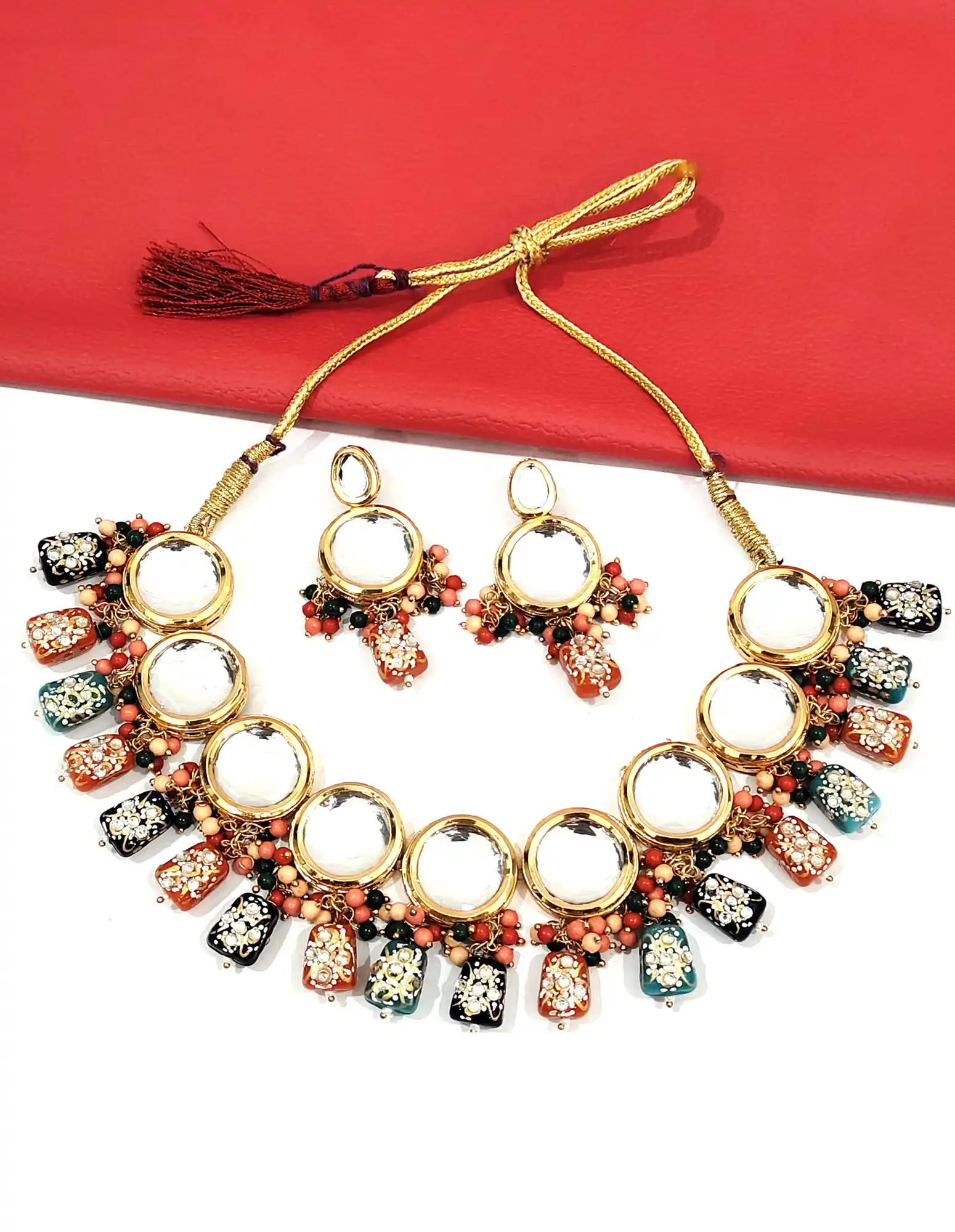 Multicolor Studded Beaded Kundan Necklace Set with Earrings