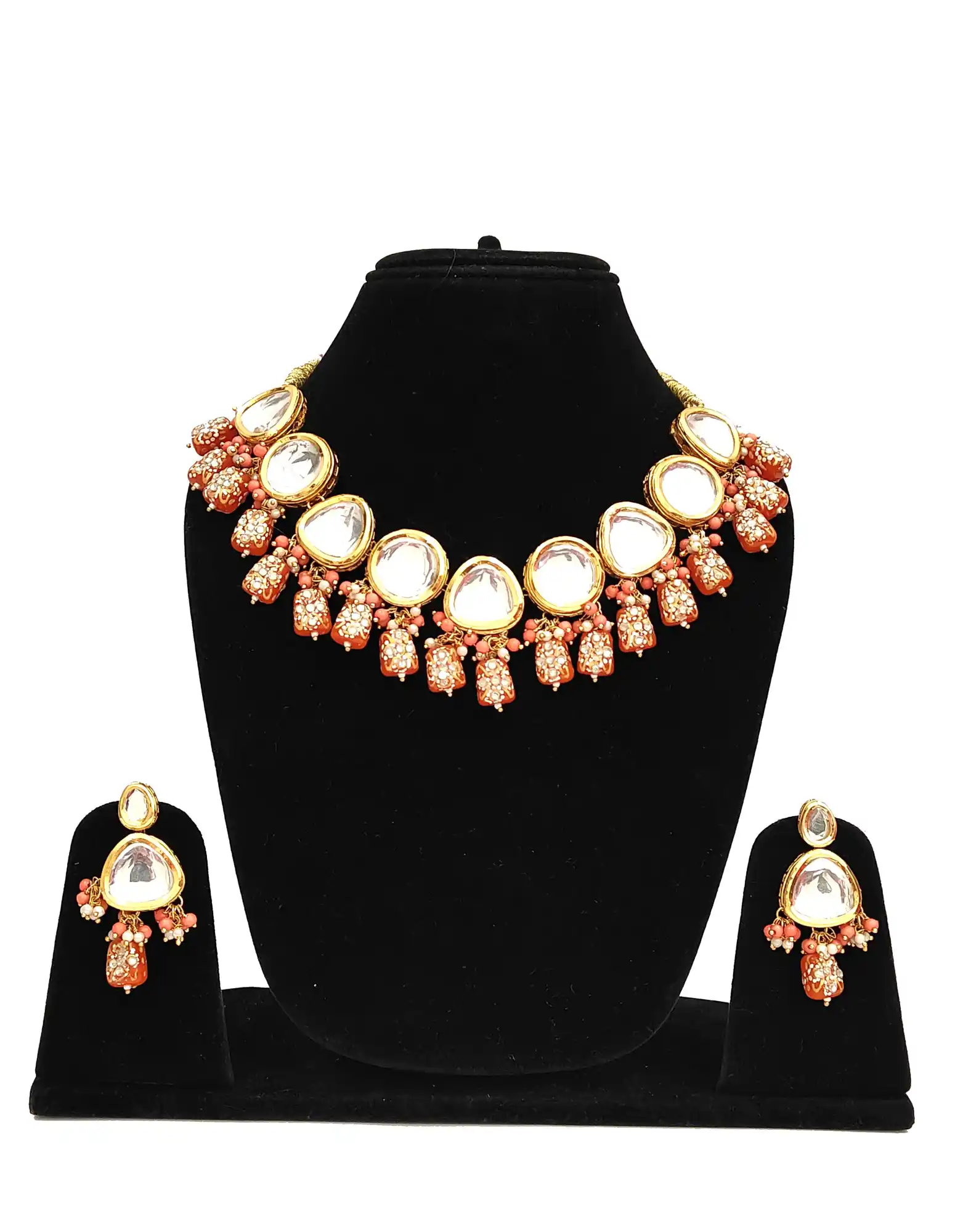 Orange Studded Beaded Kundan Necklace Set with Earrings