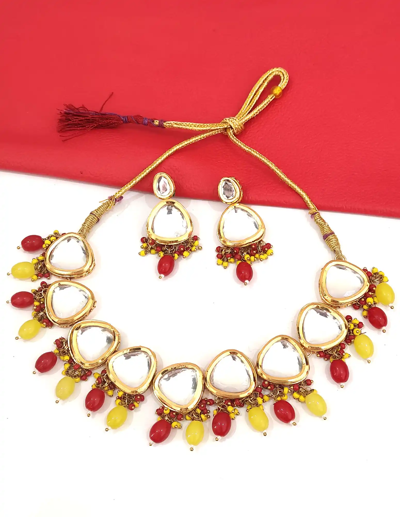 Red and Yellow Kundan Necklace and Earring Set