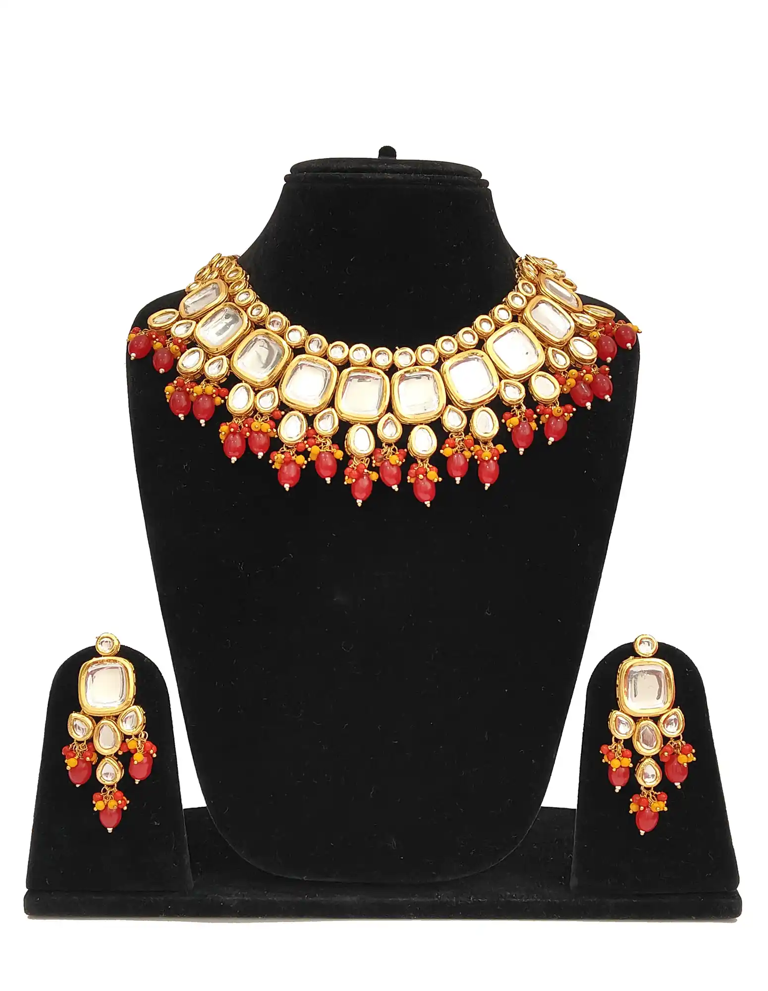 Gold Plated Red Pearls Kundan Jewellery Set