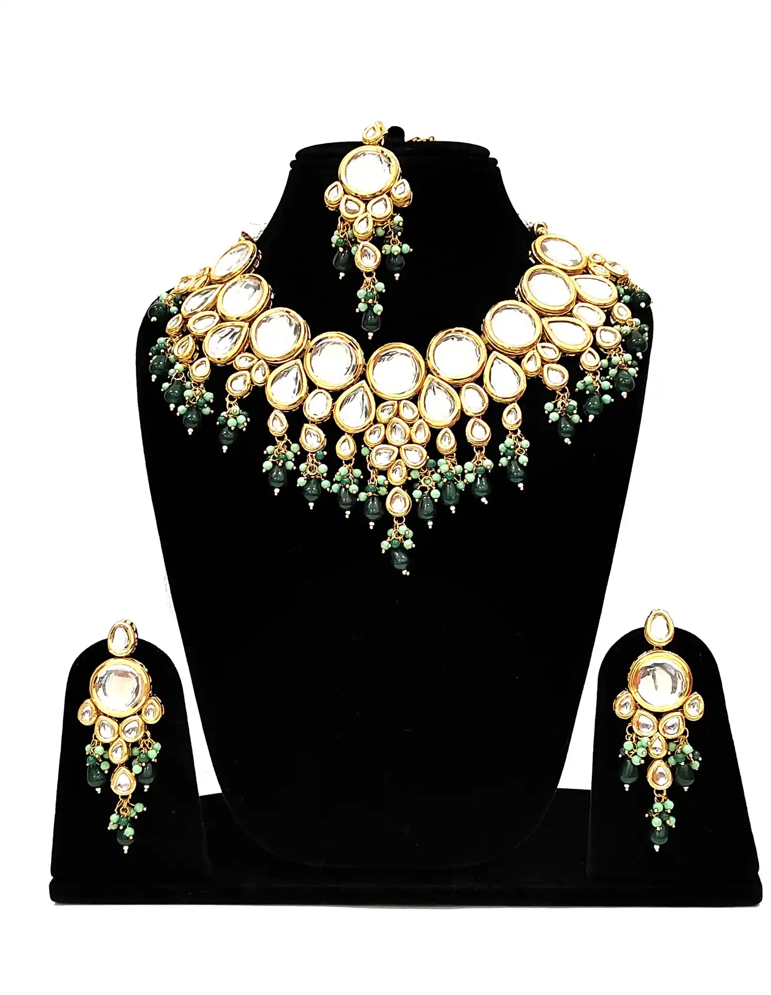 Kundan Green Bridal Jewellery Set with Earring and Maang Tikka
