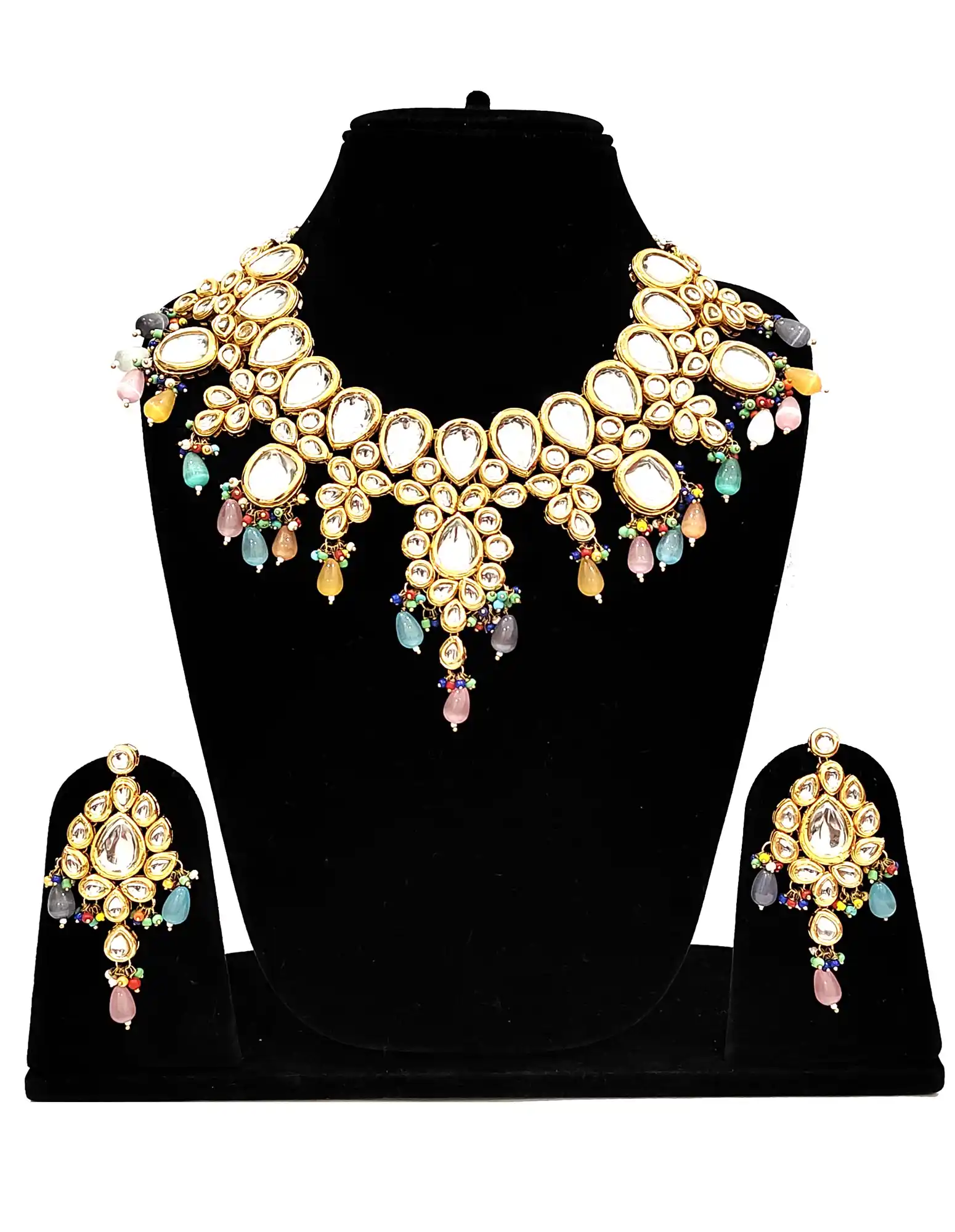 Multicolor Kundan Neckalce and Earring Set with Monalisa Stone