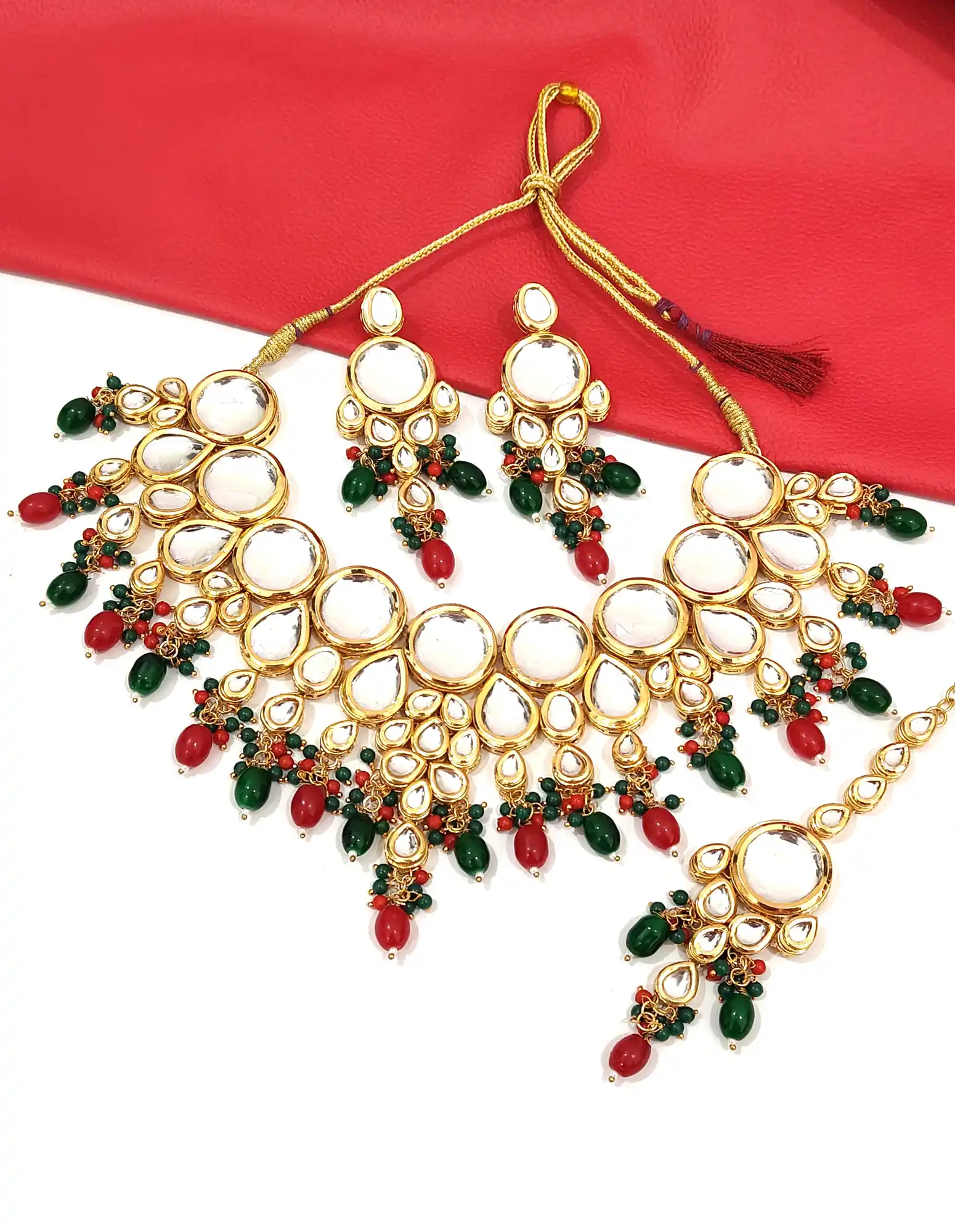 Red and Green Kundan Necklace Set With Earrings and Maang Tikka Set