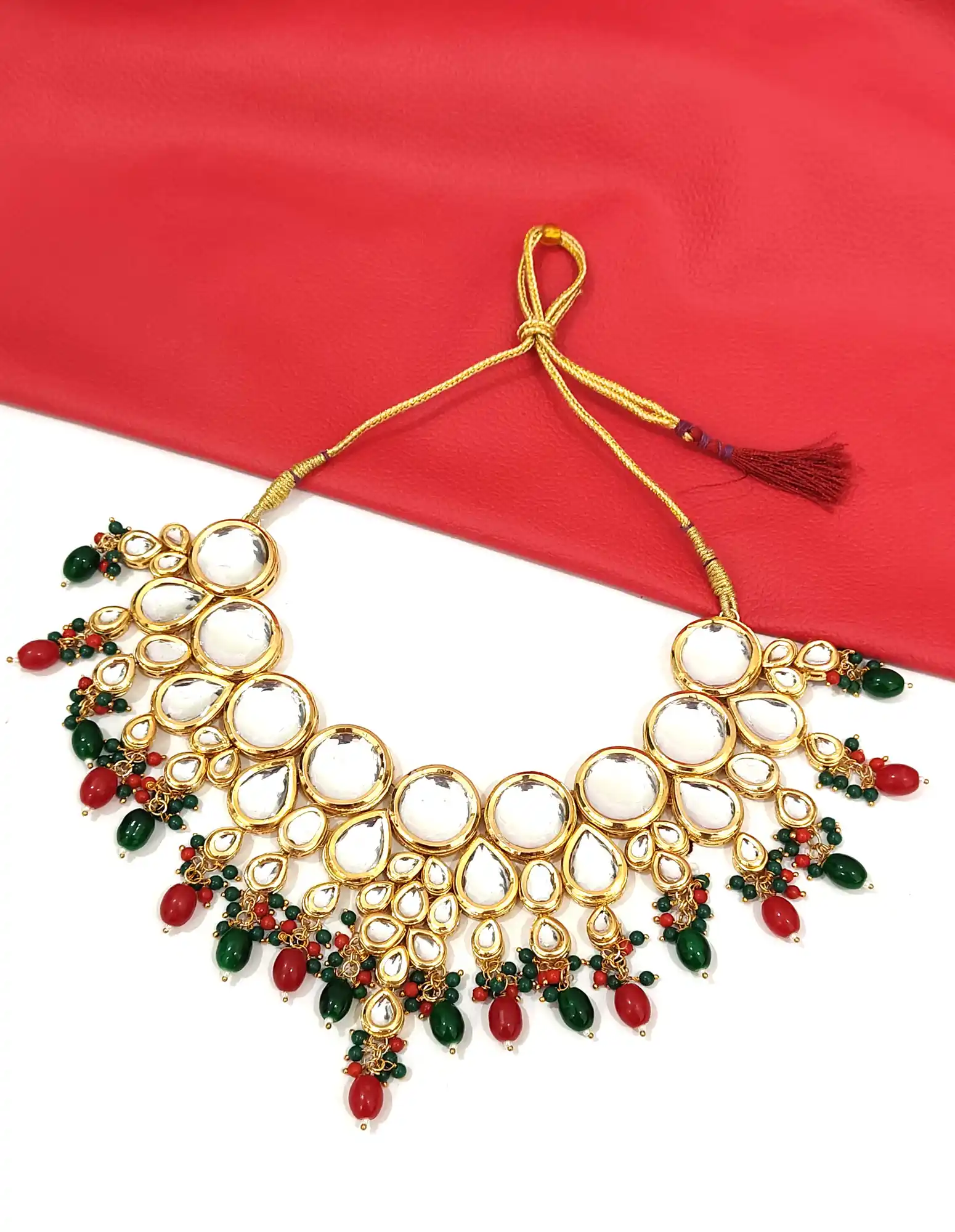 Red and Green Kundan Necklace Set - for jewellery making
