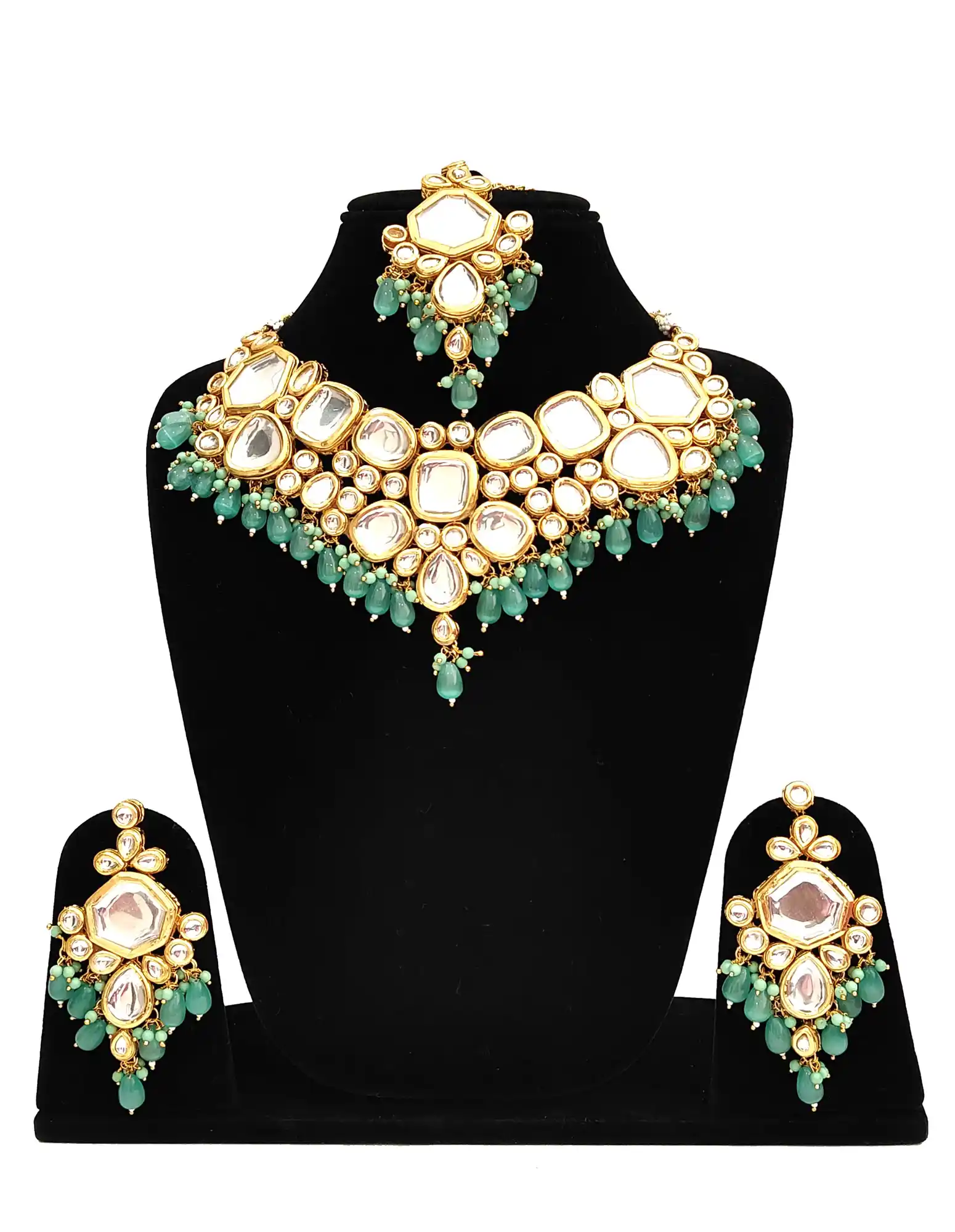 Sea Green Kundan Necklace Set with Earrings and Maang Tikka Set