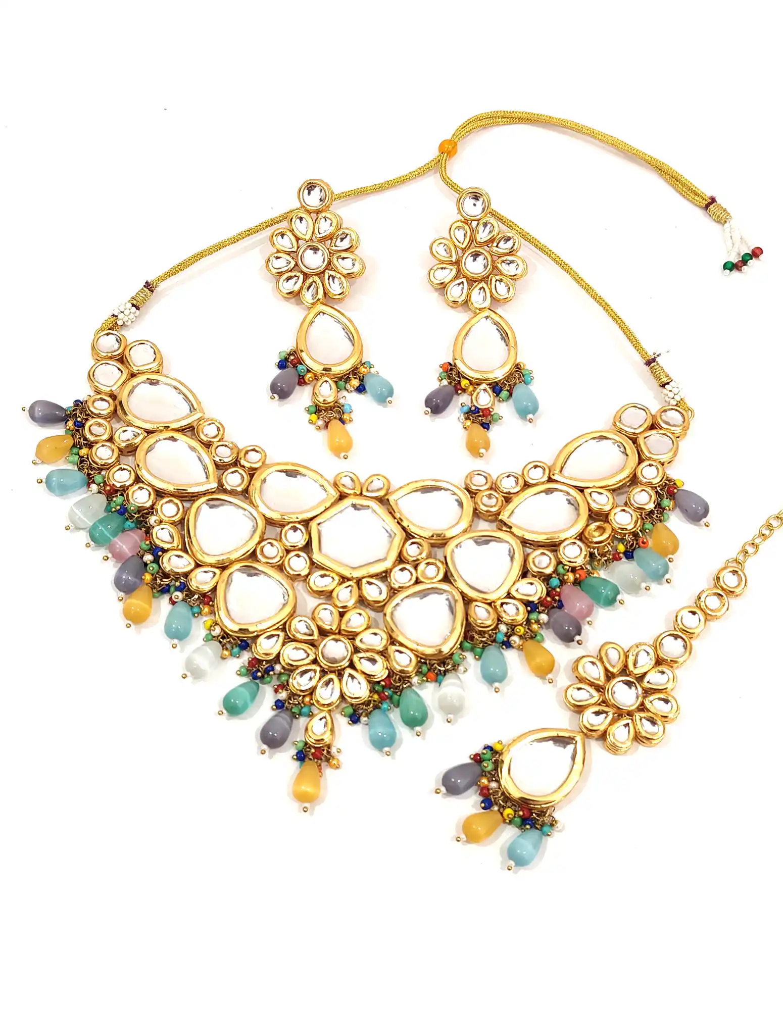 Victorian Kundan Multicolor Neckalce Set with Maang Tikka Set
