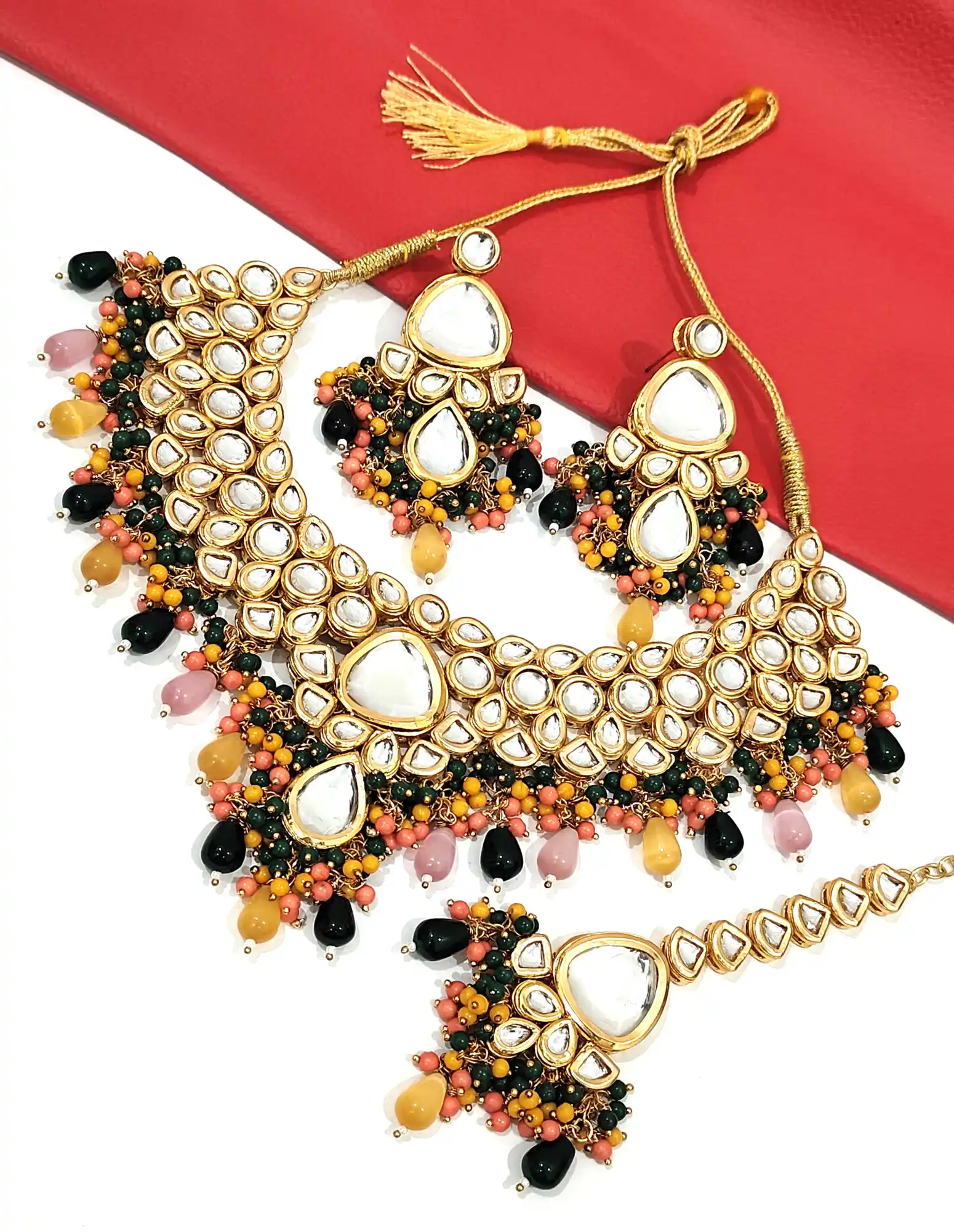 Kundan Yellow Red and Dark Green Necklace Set