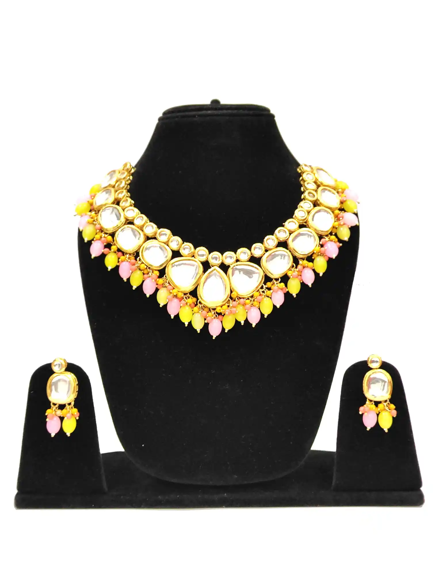 Women Yellow and Pink Kundan Necklace Set