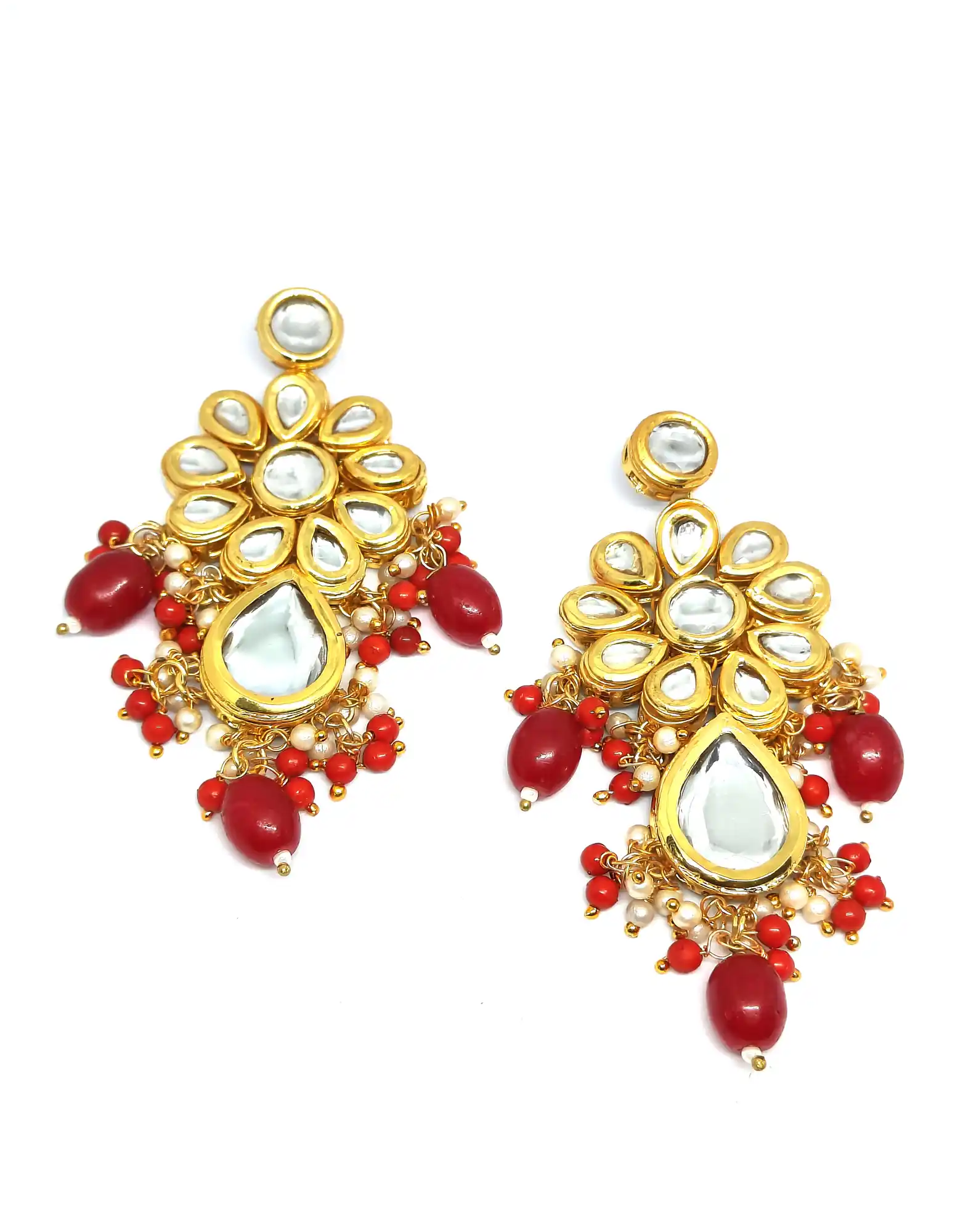 Gold Plated Red Beads Polki Kundan Drop Earrings for Women