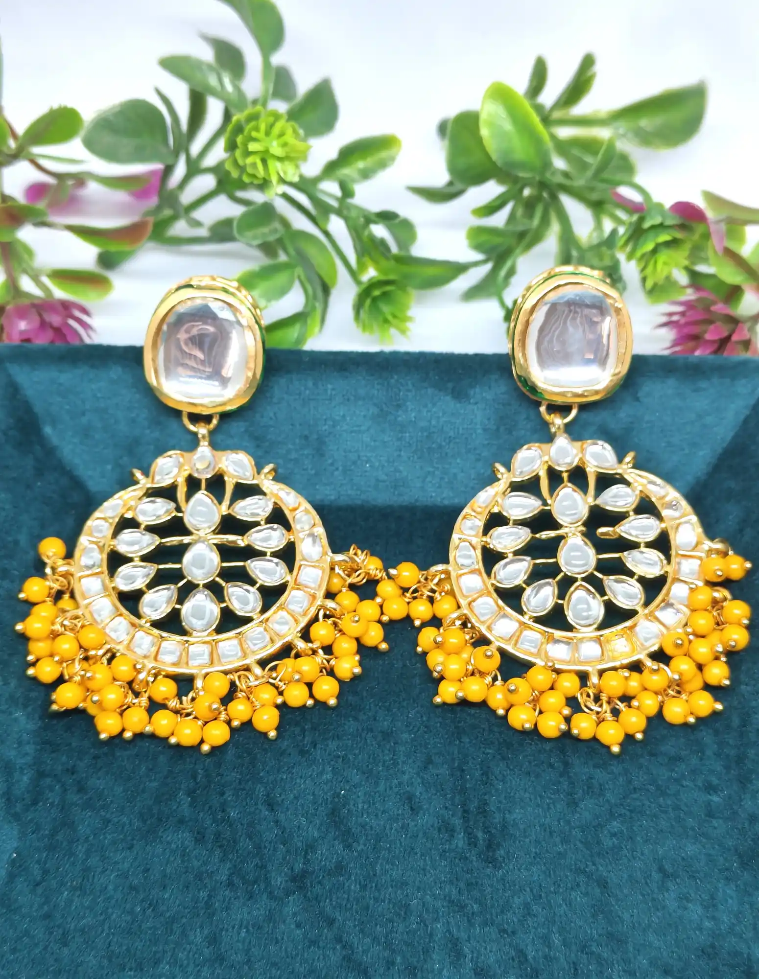 Meena Kundan Dark Yellow Chandbali Earrings
