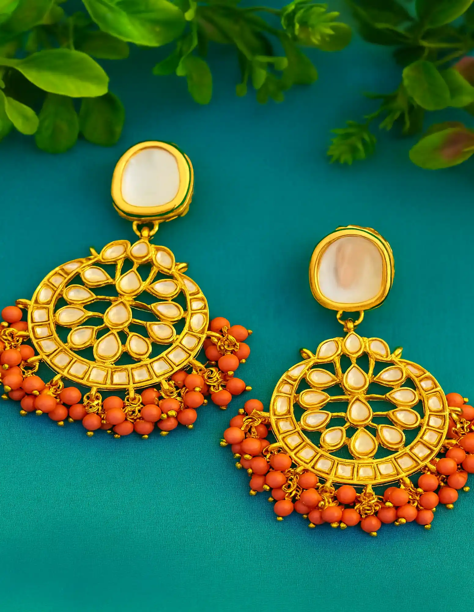 Gold Plated Meena Kundan Dark Pink Beaded Chandbali Earrings