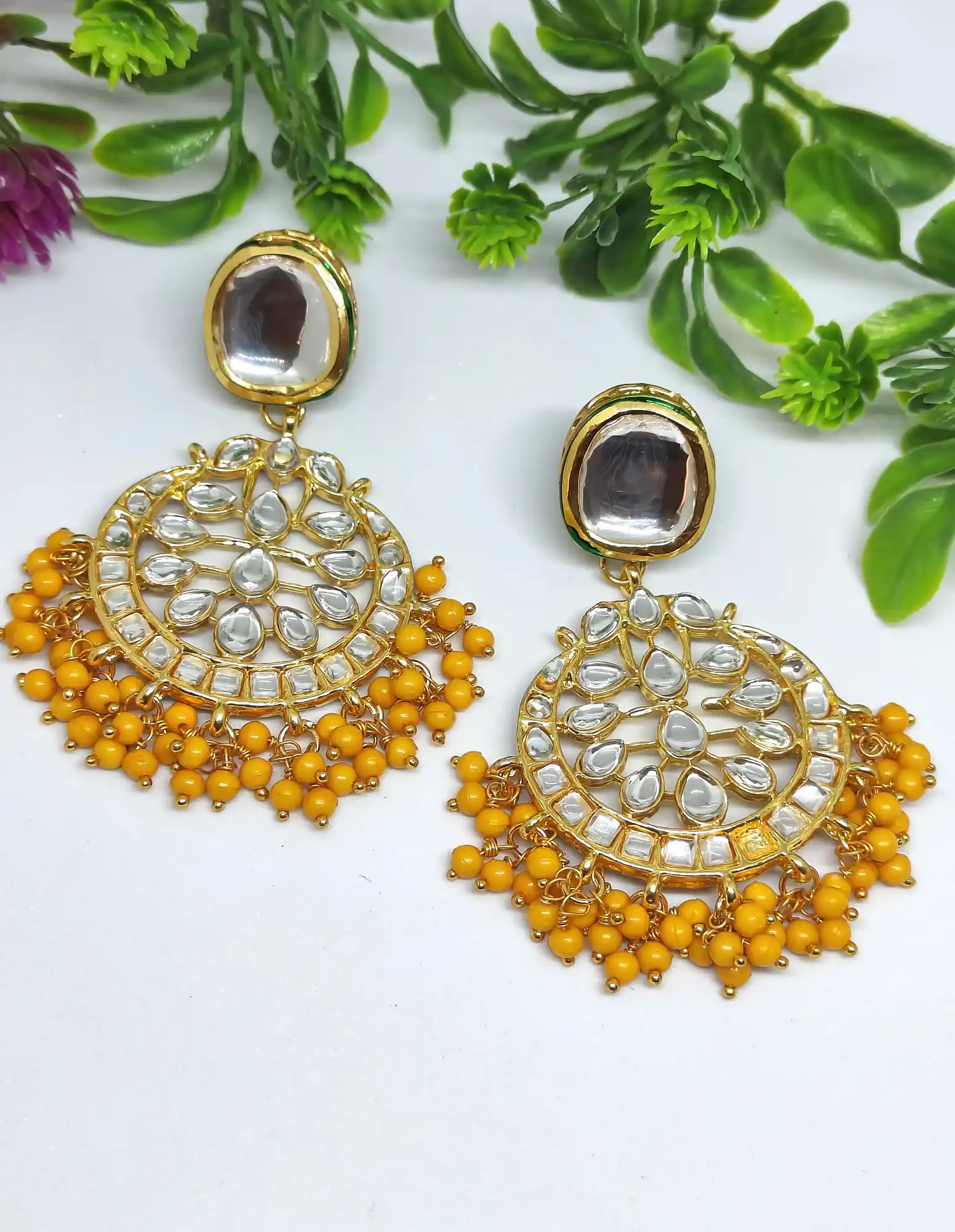 Gold Plated Big Meena Kundan Yellow Chandbali earrings