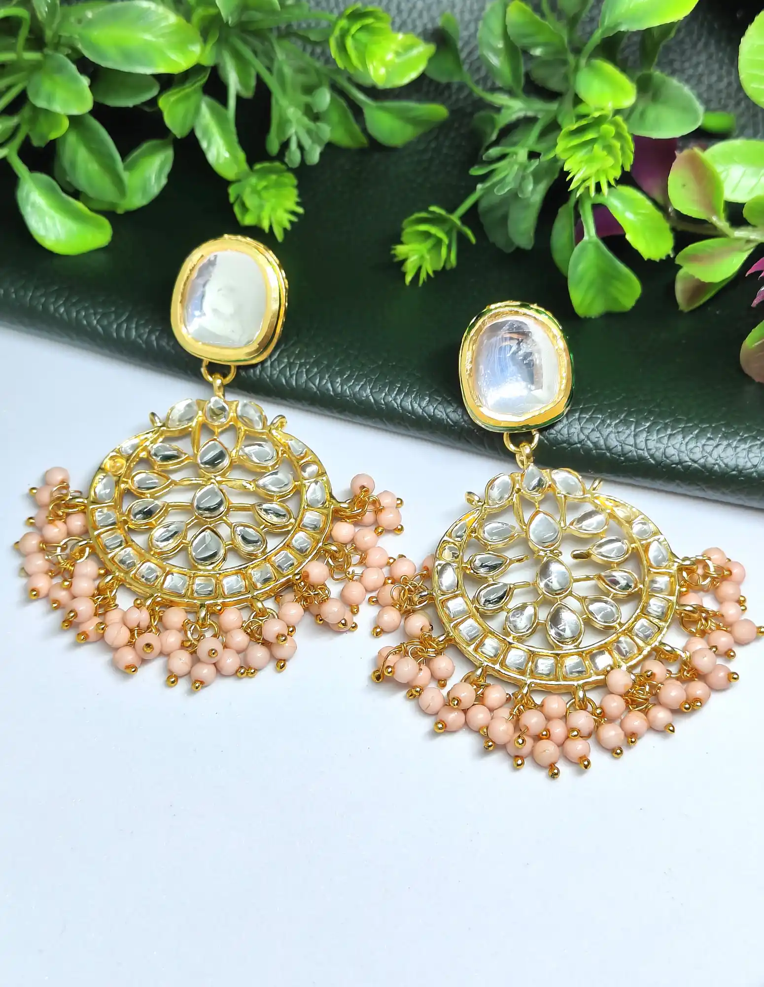 22K Gold Plated Meena Kundan Light Pink Beaded Chandbali Earrings