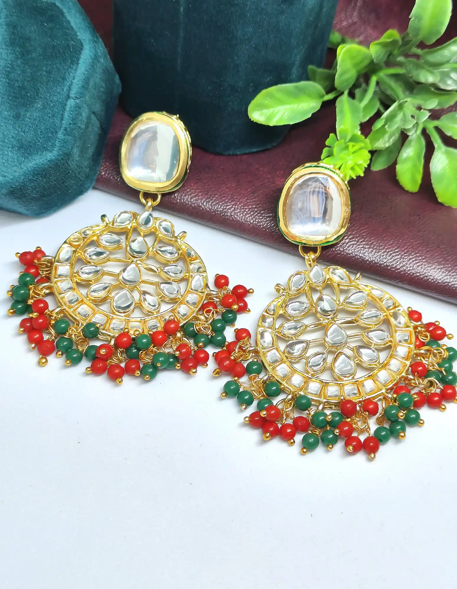 Gold Plated Kundan Red & Green Chandbali Earrings