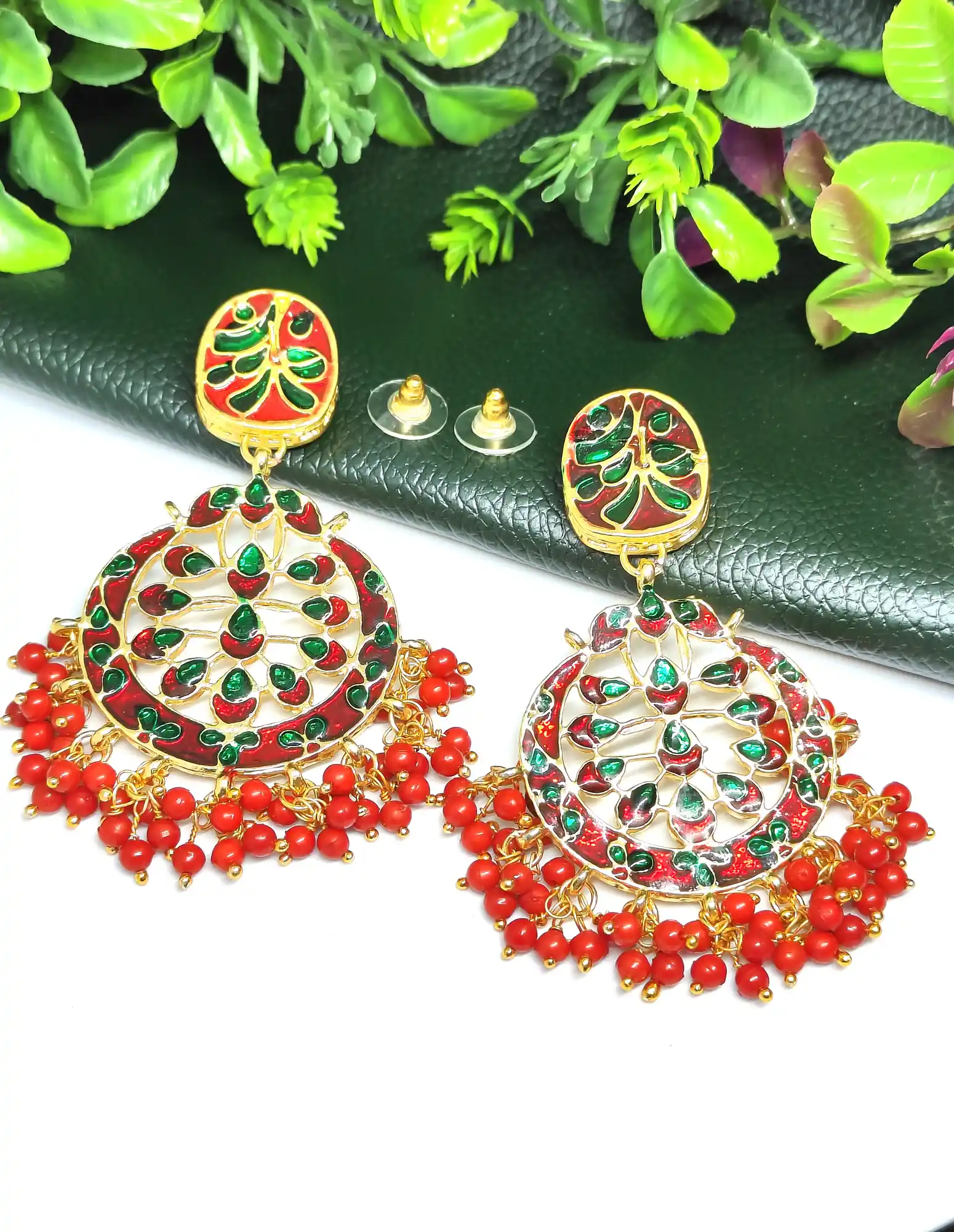 Red Beaded Meena Kundan Chandbali earrings - Red Red Beaded Chandbali earrings - Image 3
