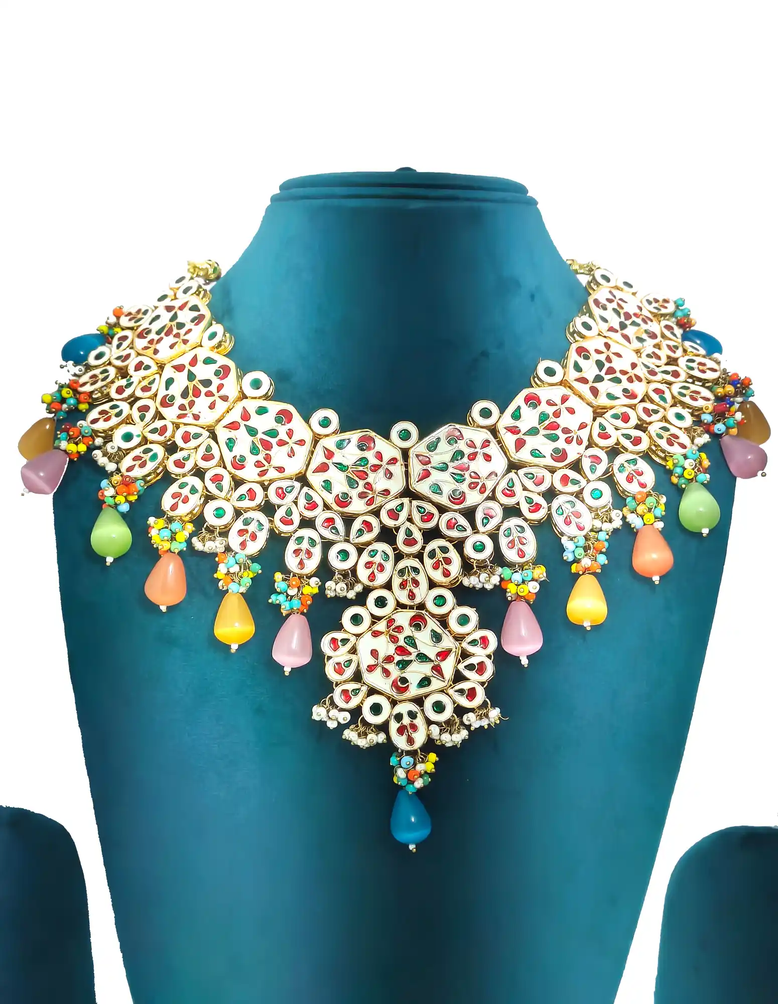 Kundan Bridal Necklace Set-Back View - Multicolor Kundan Bridal Set - Image 5