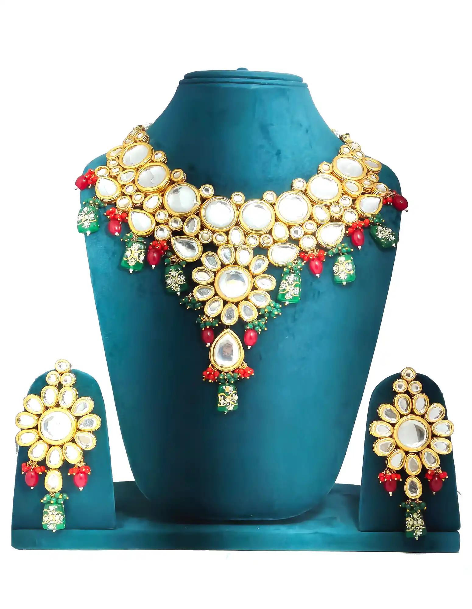 Meenakari Kundan Green Studded Set- Front View - for jewellery making