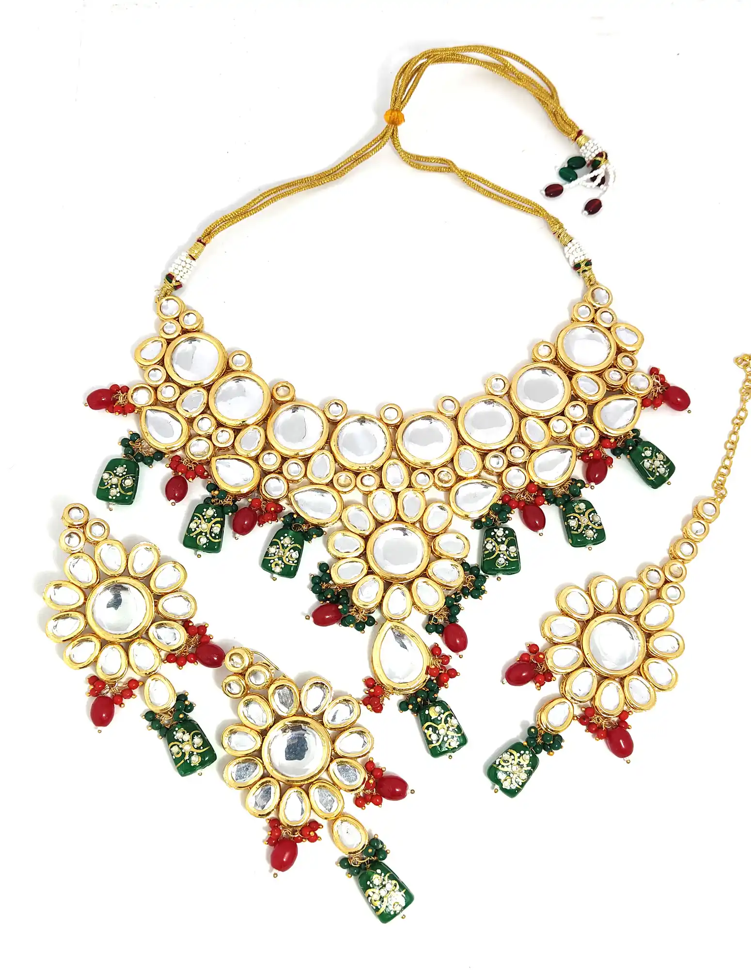 Meenakari Kundan Red and Green Studded Set - Green Kundan Necklace Set - Image 4