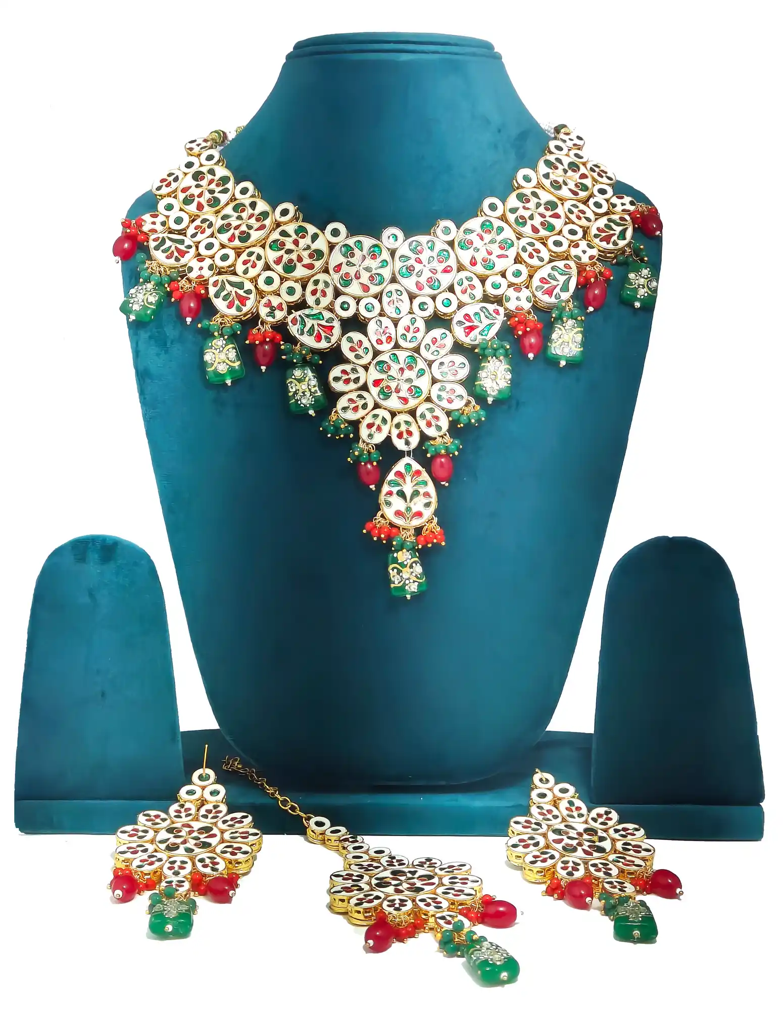 Meenakari Kundan Green Studded Set- Back View - Green Kundan Necklace Set - Image 5