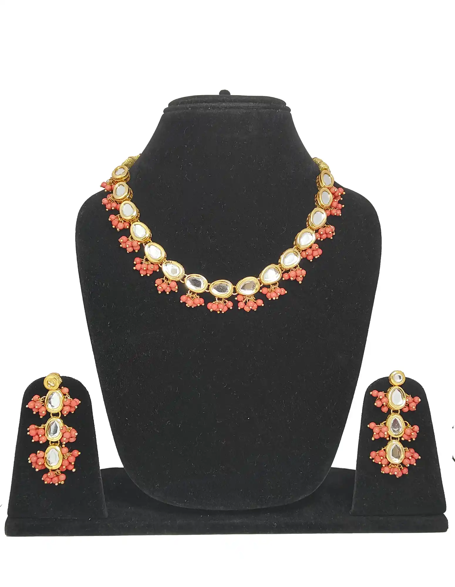Kundan Pink Single layer Neckalce Set - Front View - for jewellery making