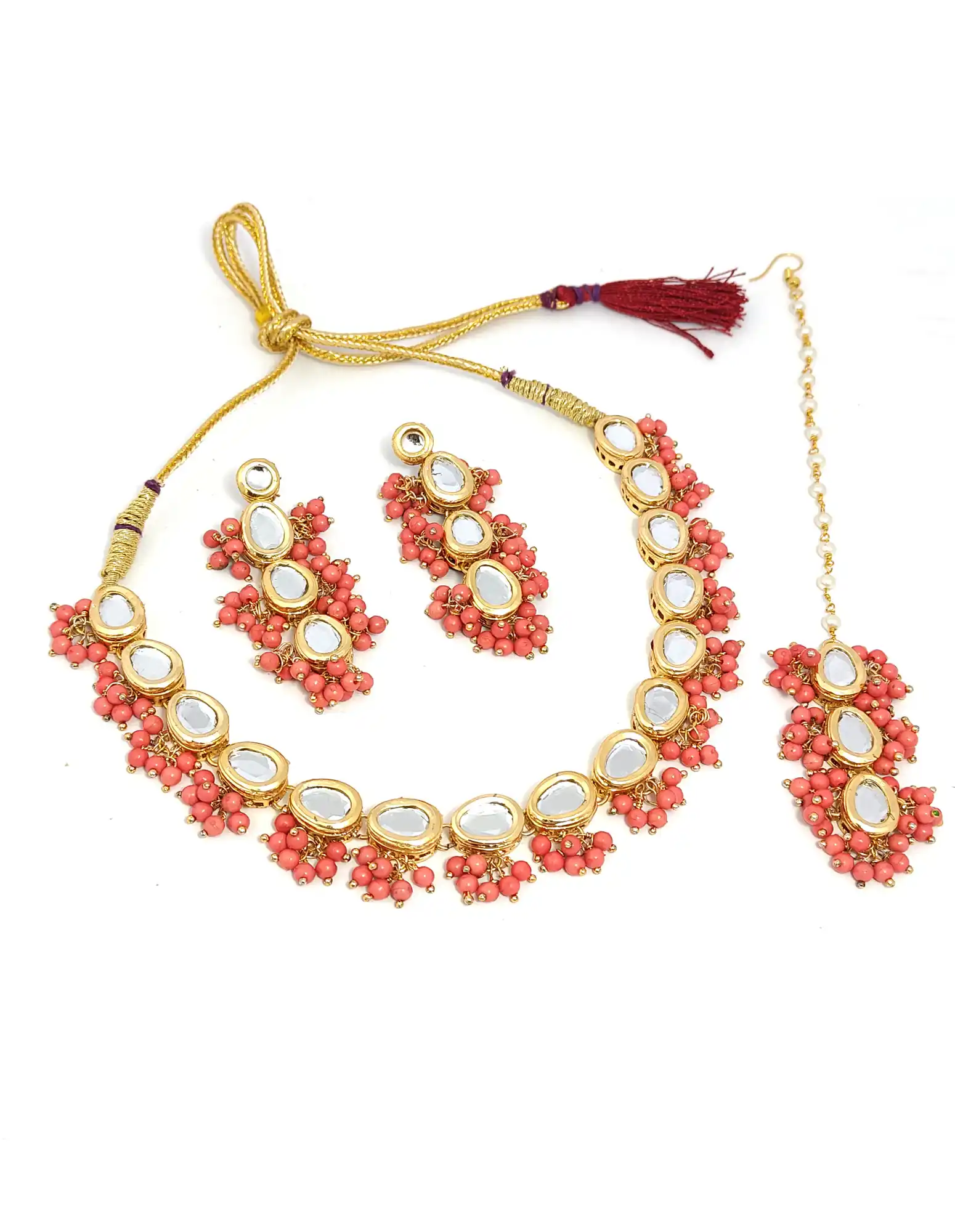 Kundan Pink Single layer Neckalce Set - Main View - Pink Kundan Single Layer Set - Image 3