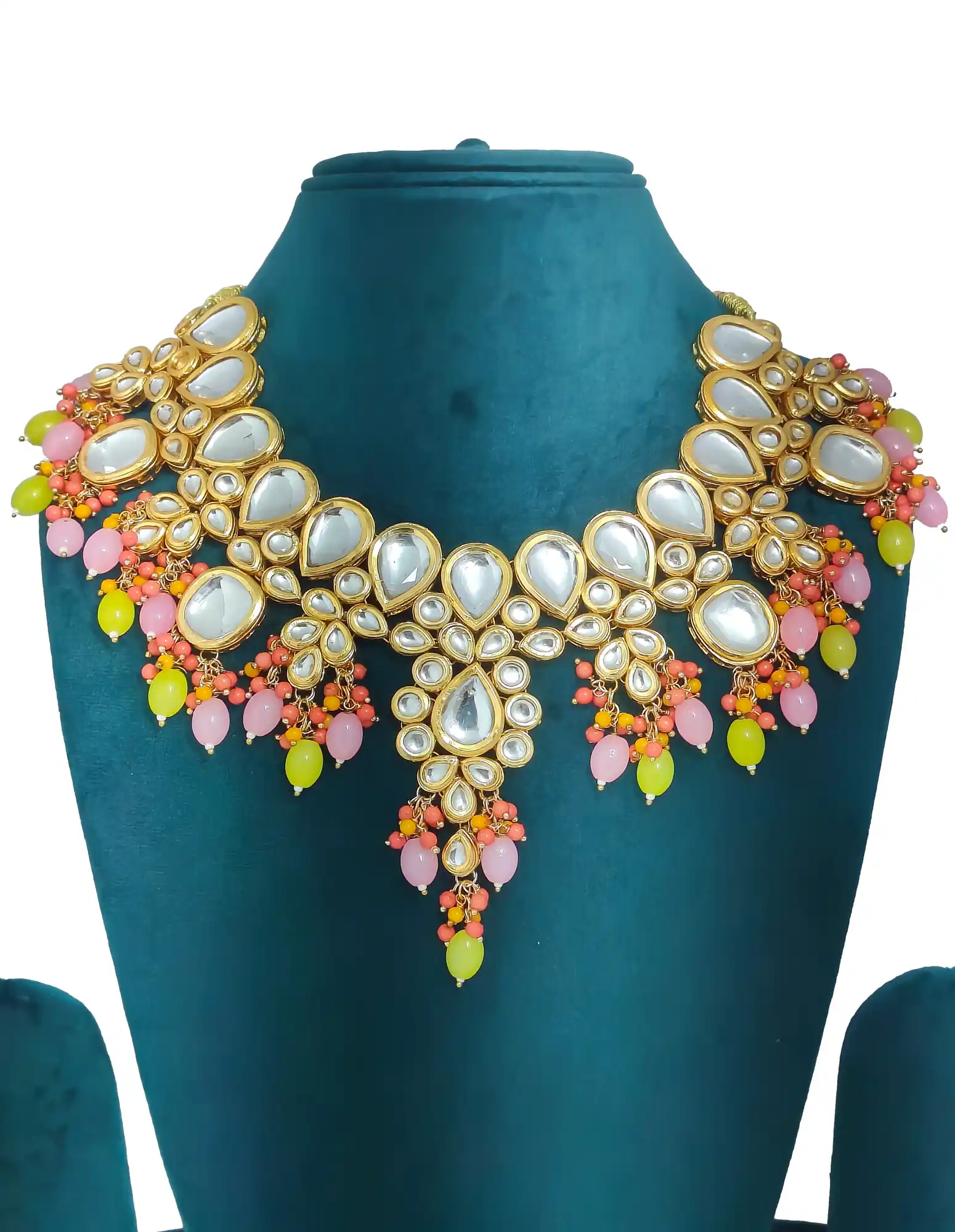 Kundan Pink & Yellow Neckalce Set Front View - for jewellery making