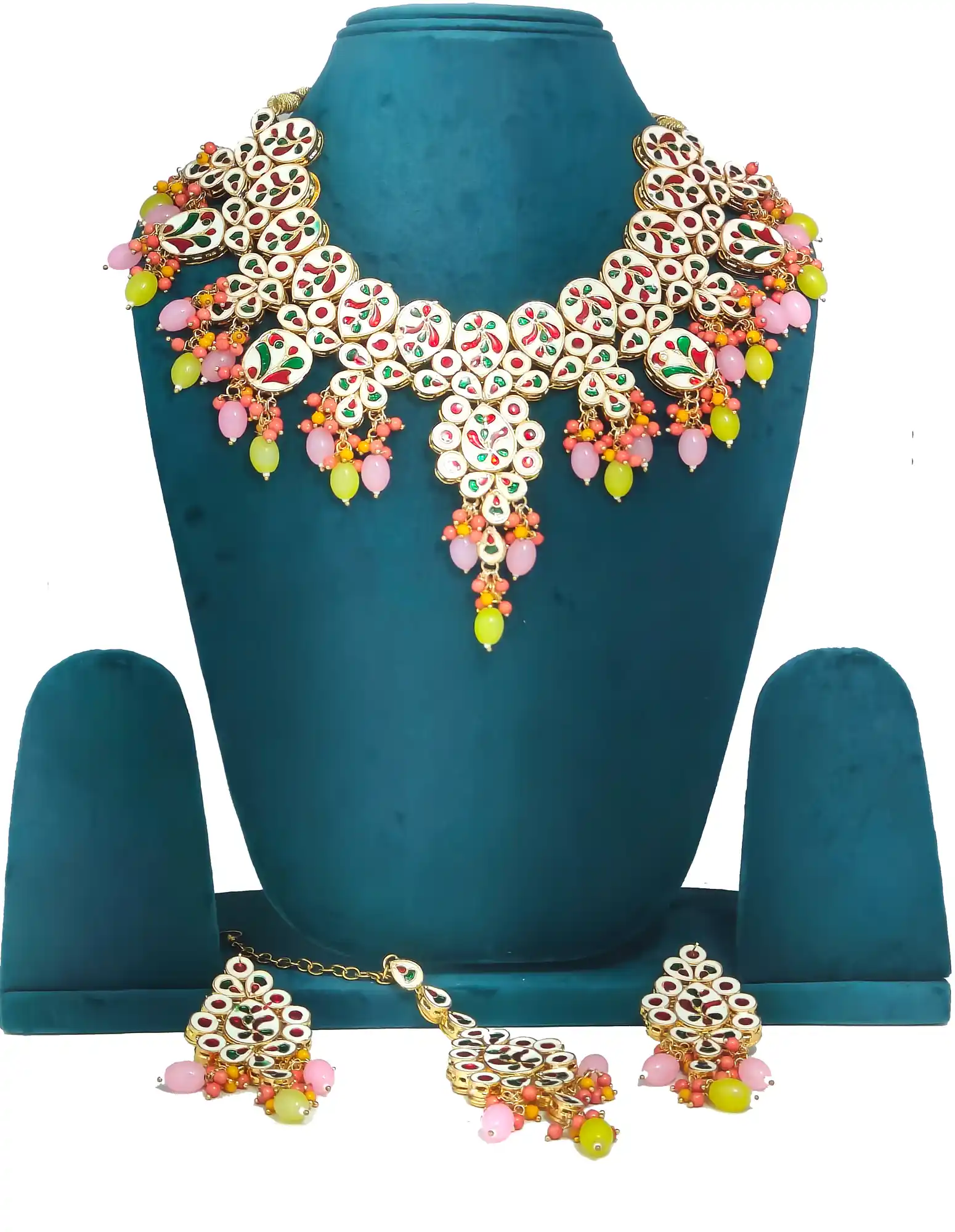 Kundan Pink & Yellow Neckalce Set Back View - Multicolor Kundan Necklace Set - Image 3