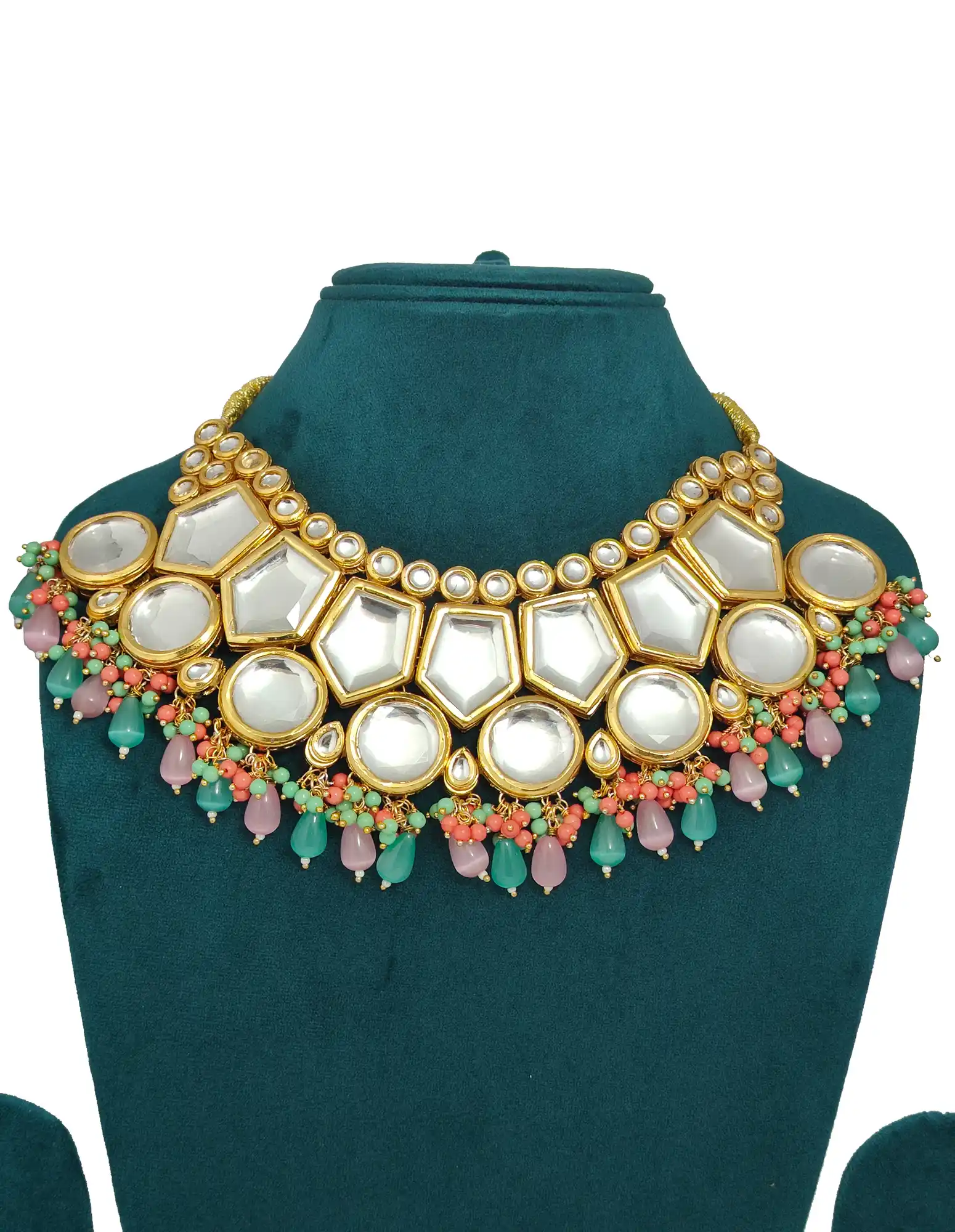 Pink & Green Monalisa Stone Set Main View - Pink Kundan Monsali Neckalce - Image 3