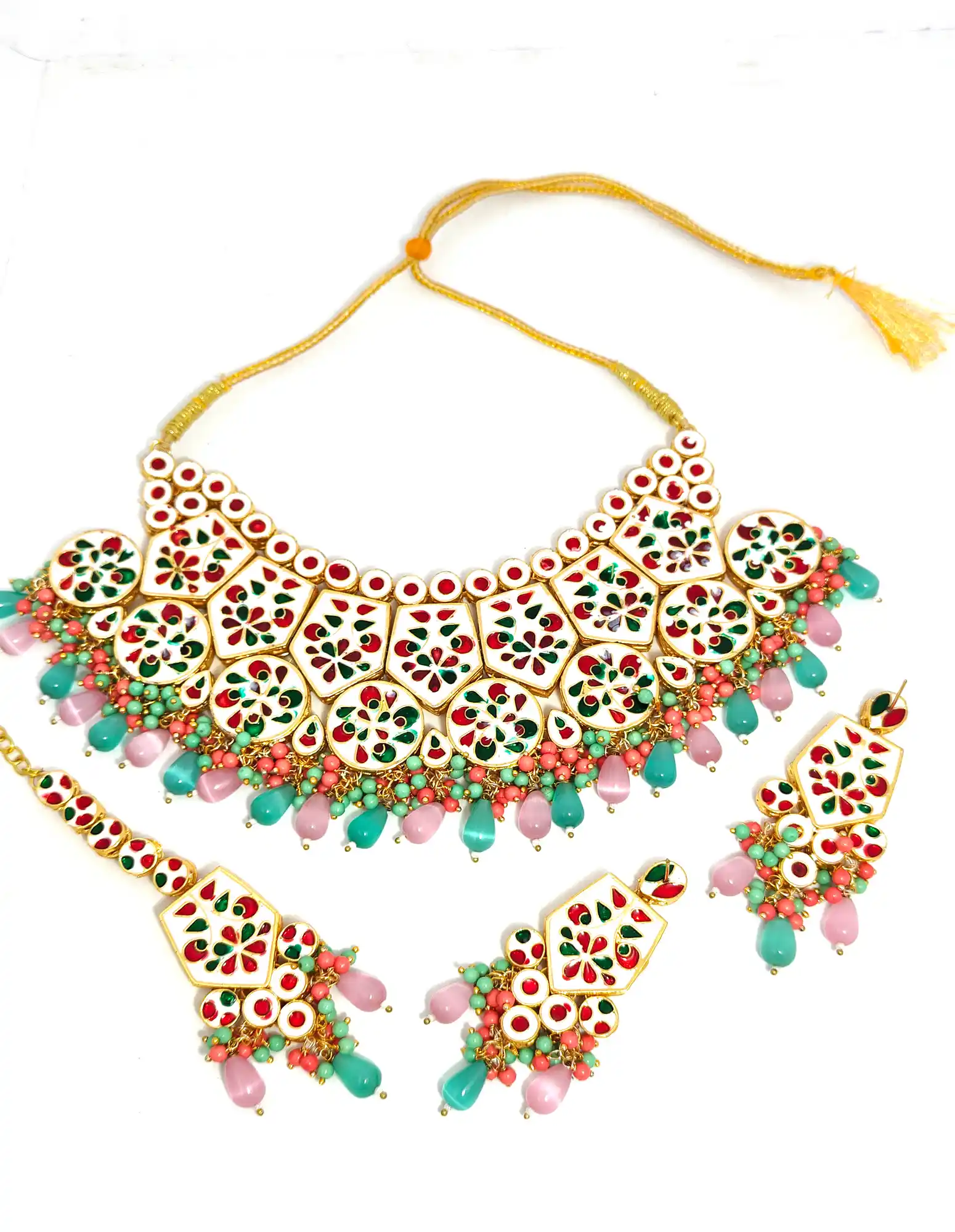 Pink & Green Monalisa Stone Necklace Back View - Pink Kundan Monsali Neckalce - Image 5