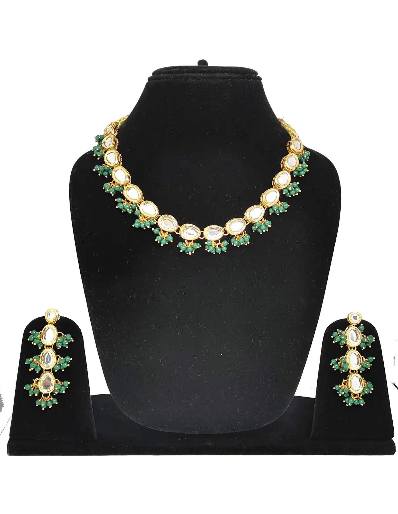 Kundan Single Layer Green Necklace Set Front - for jewellery making