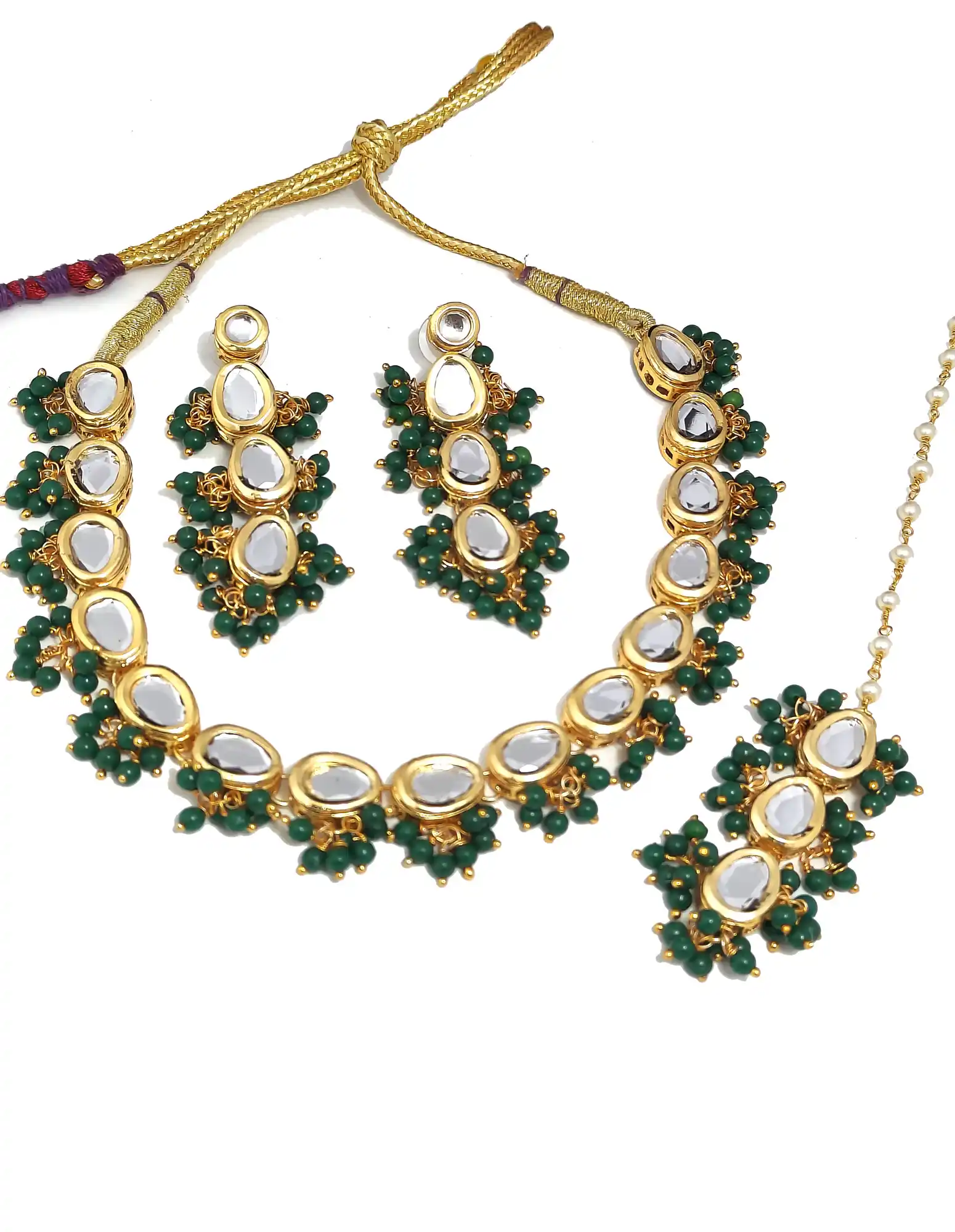 Kundan Green Necklace Set Main View - Green Kundan Single Layer Necklace - Image 3