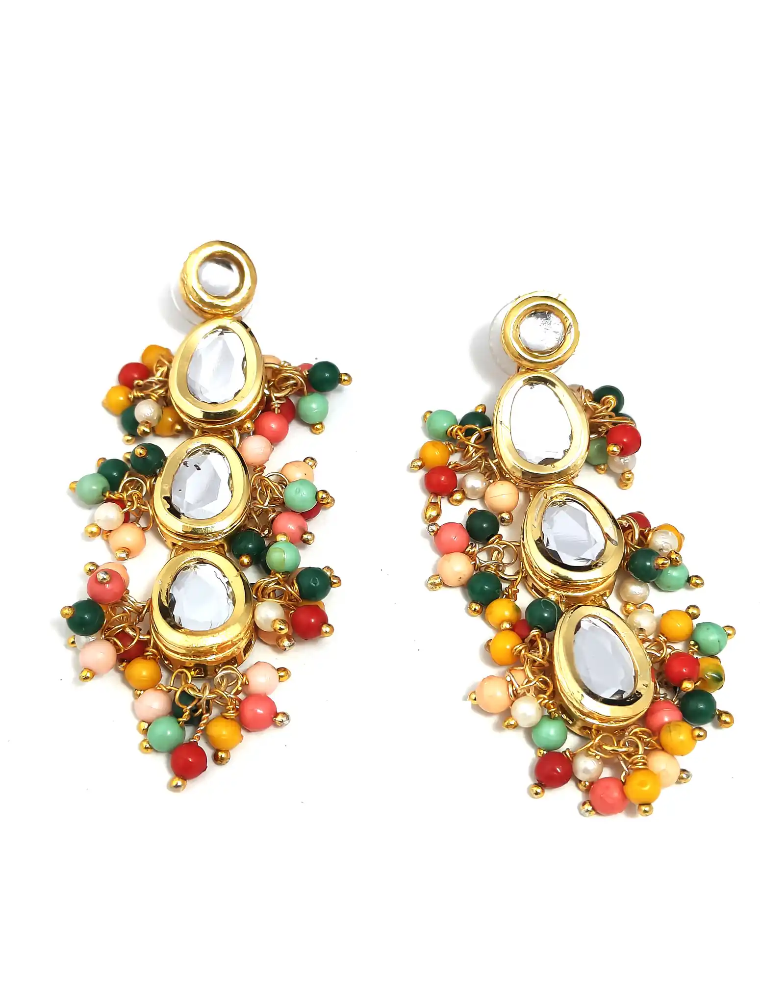 Single layered Multicolor Jewellery Set Earrings - Multicolor Kundan Single Layered Set - Image 3