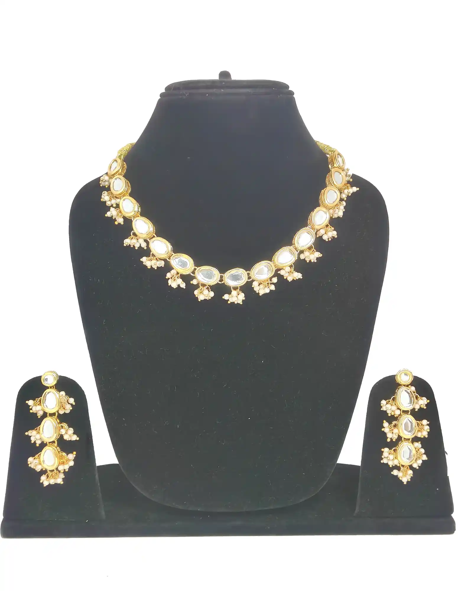 White Beaded Kundan Single Layered - Front View - for jewellery making