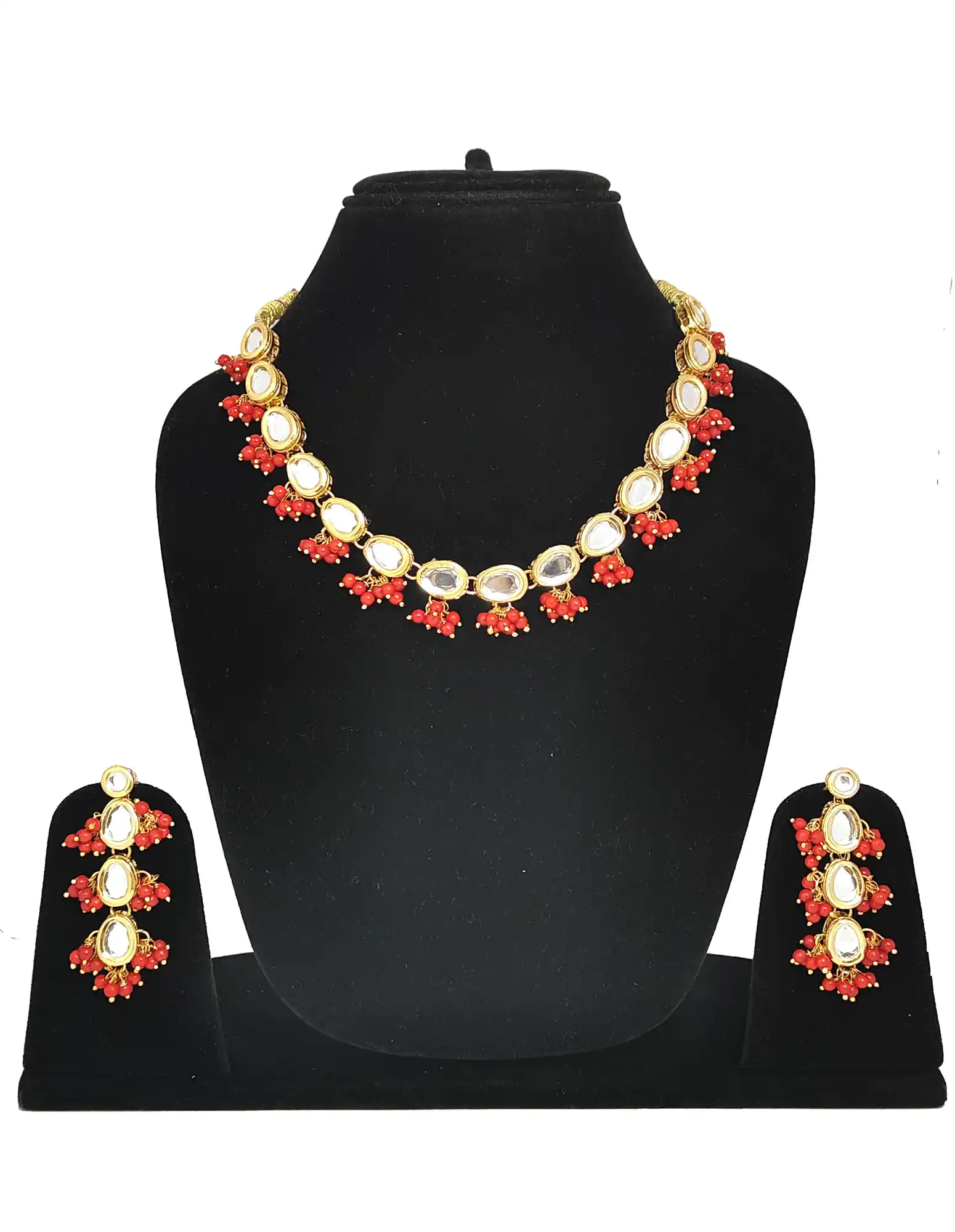Kundan Single Layered Red Necklace Set - Front Vie - for jewellery making