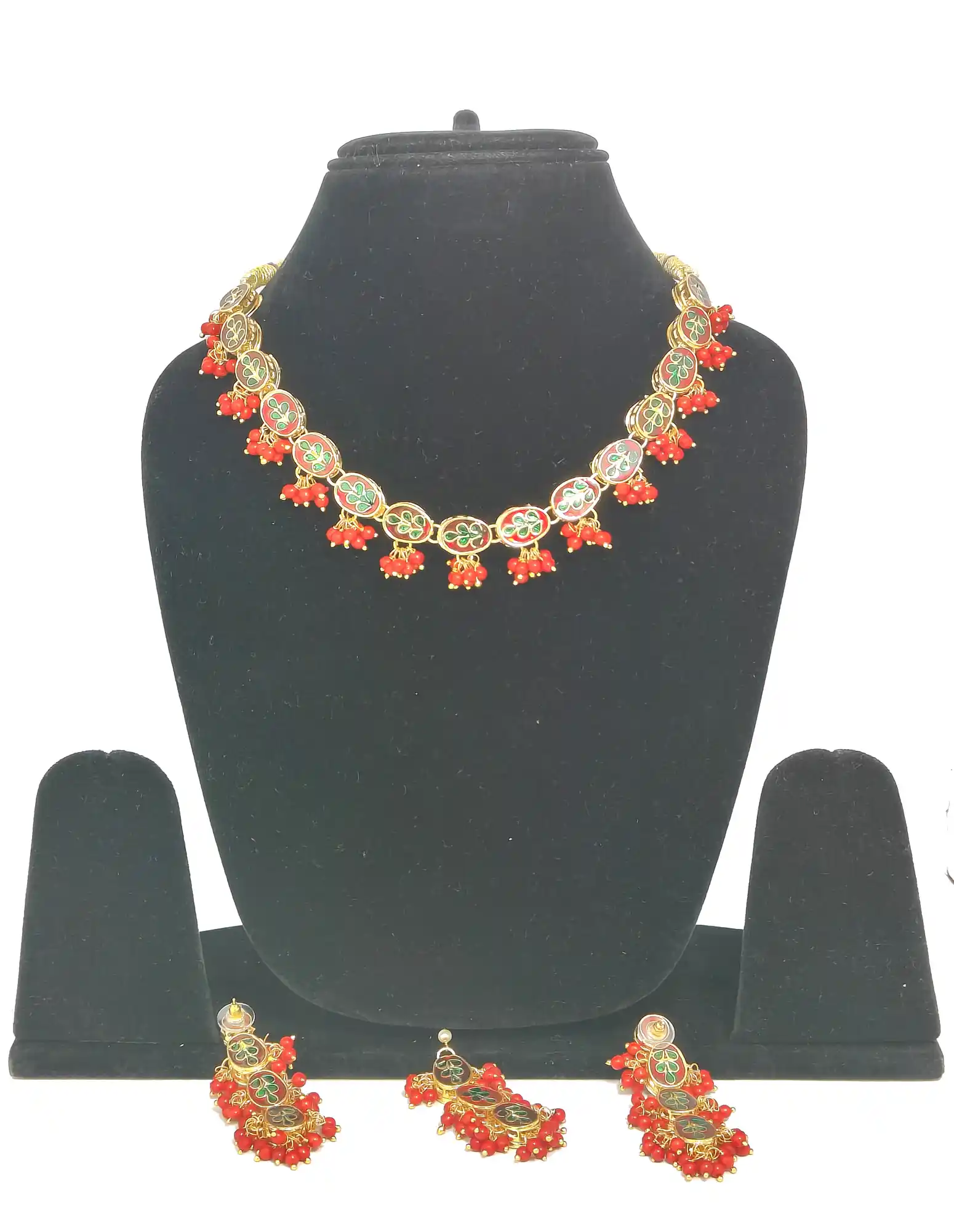 Back Side Kundan Single Layered Red Necklace Set - Red Kundan Single Layer Necklace - Image 4