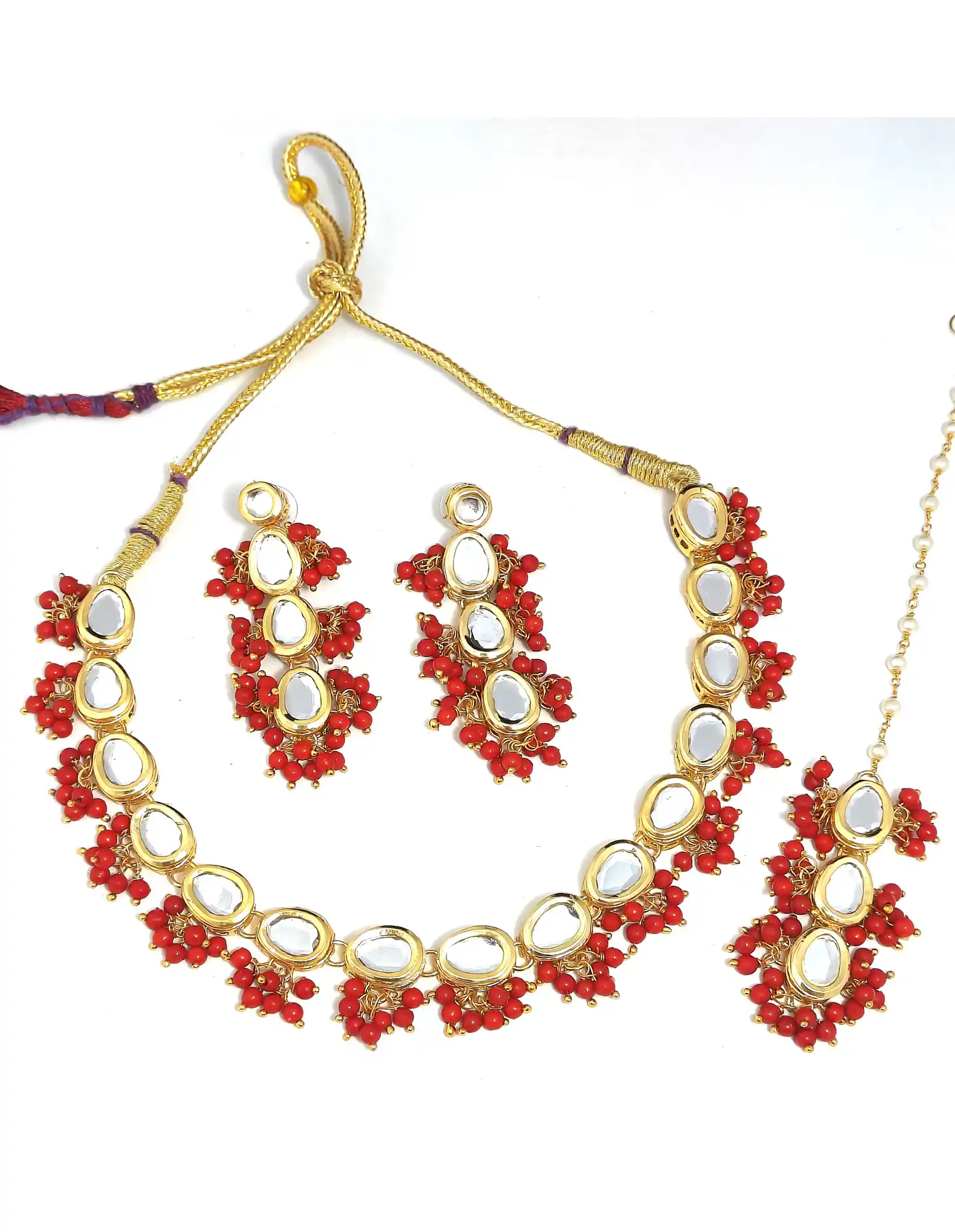 Kundan Single Layered Red Necklace Set - Main View - Red Kundan Single Layer Necklace - Image 3