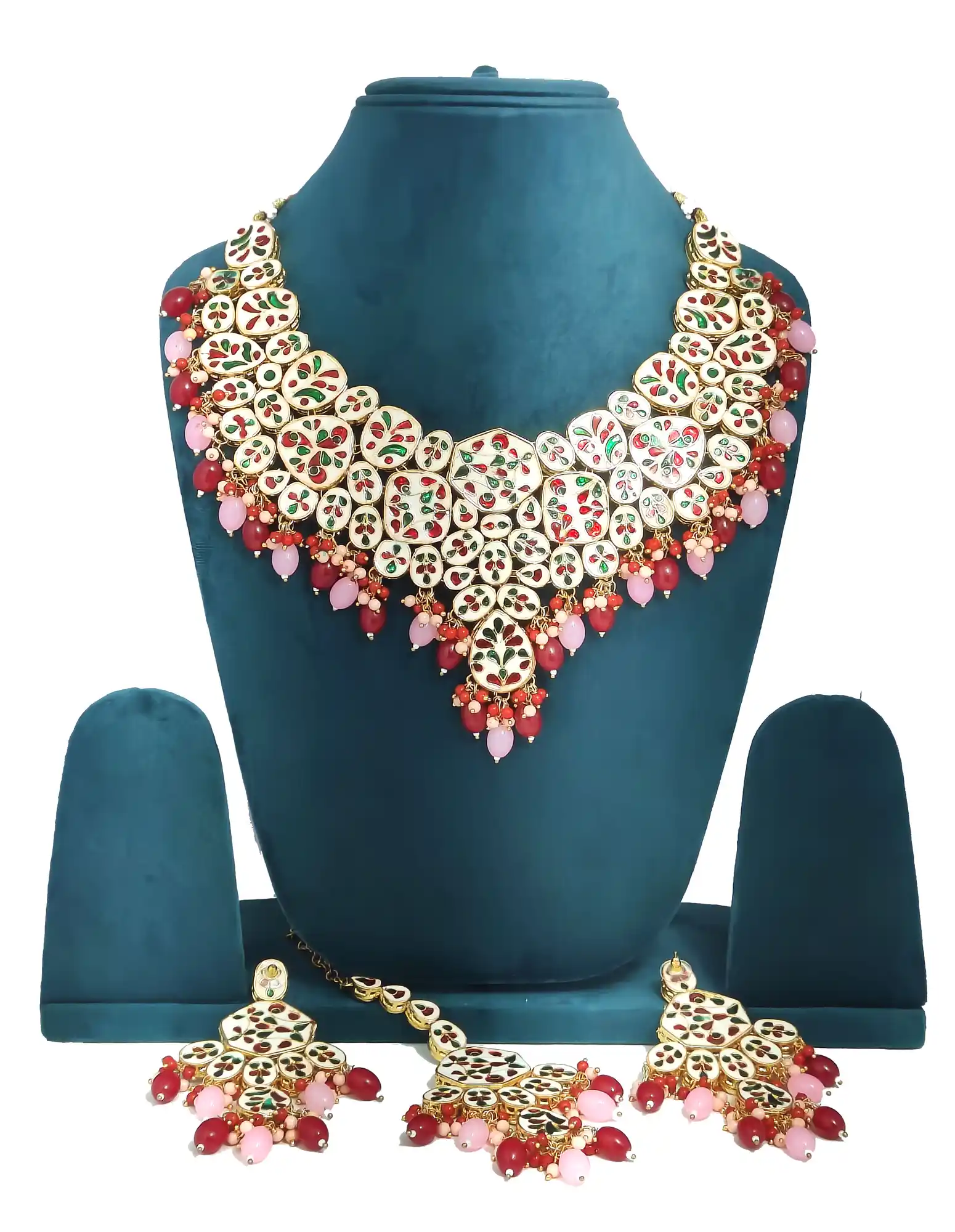 Back view of red Meenaakri Kundan Jewellery Set - Red Deepanshi Meenaakri Kundan Jewellery Set - Image 6