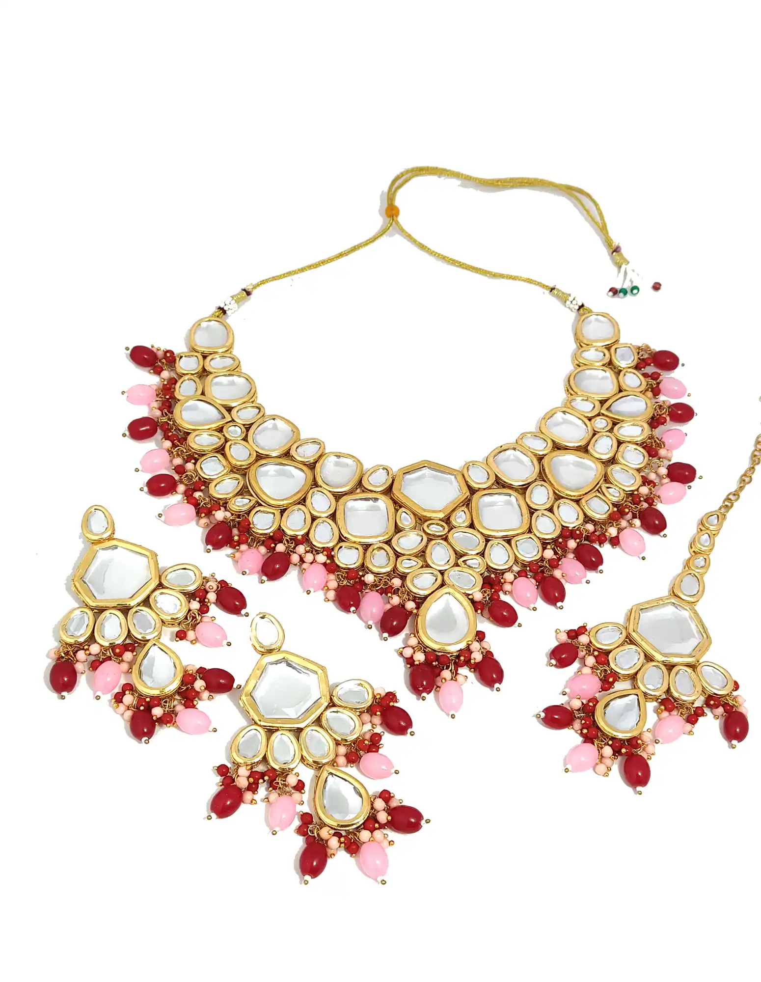 Complete view of Pink Meenaakri Kundan Set - Red Deepanshi Meenaakri Kundan Jewellery Set - Image 5